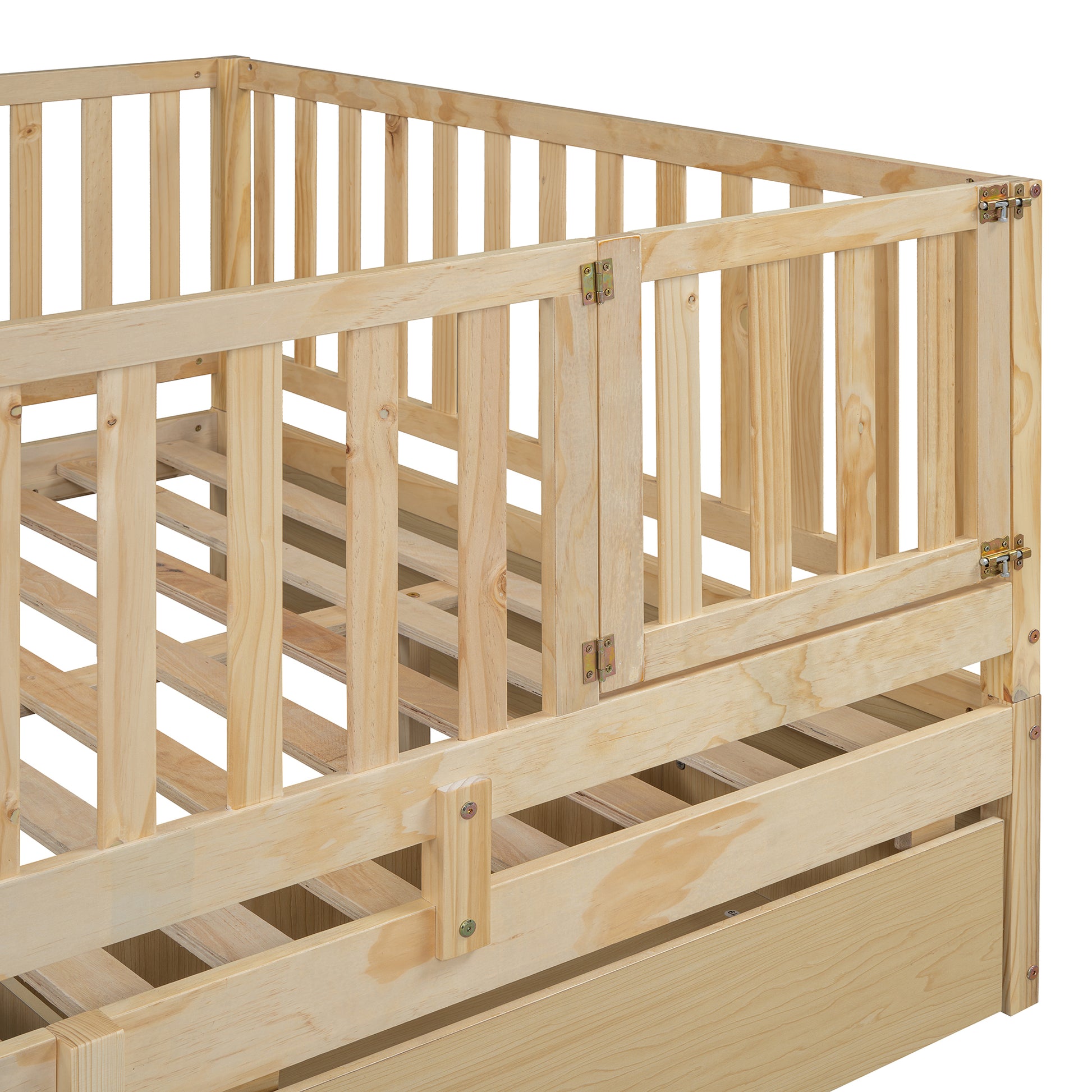 Full Size Wood Daybed With Fence Guardrails And 2 Drawers, Split Into Independent Floor Bed & Daybed, Natural Old Sku :Lp000882Aan Full Natural Solid Wood Mdf