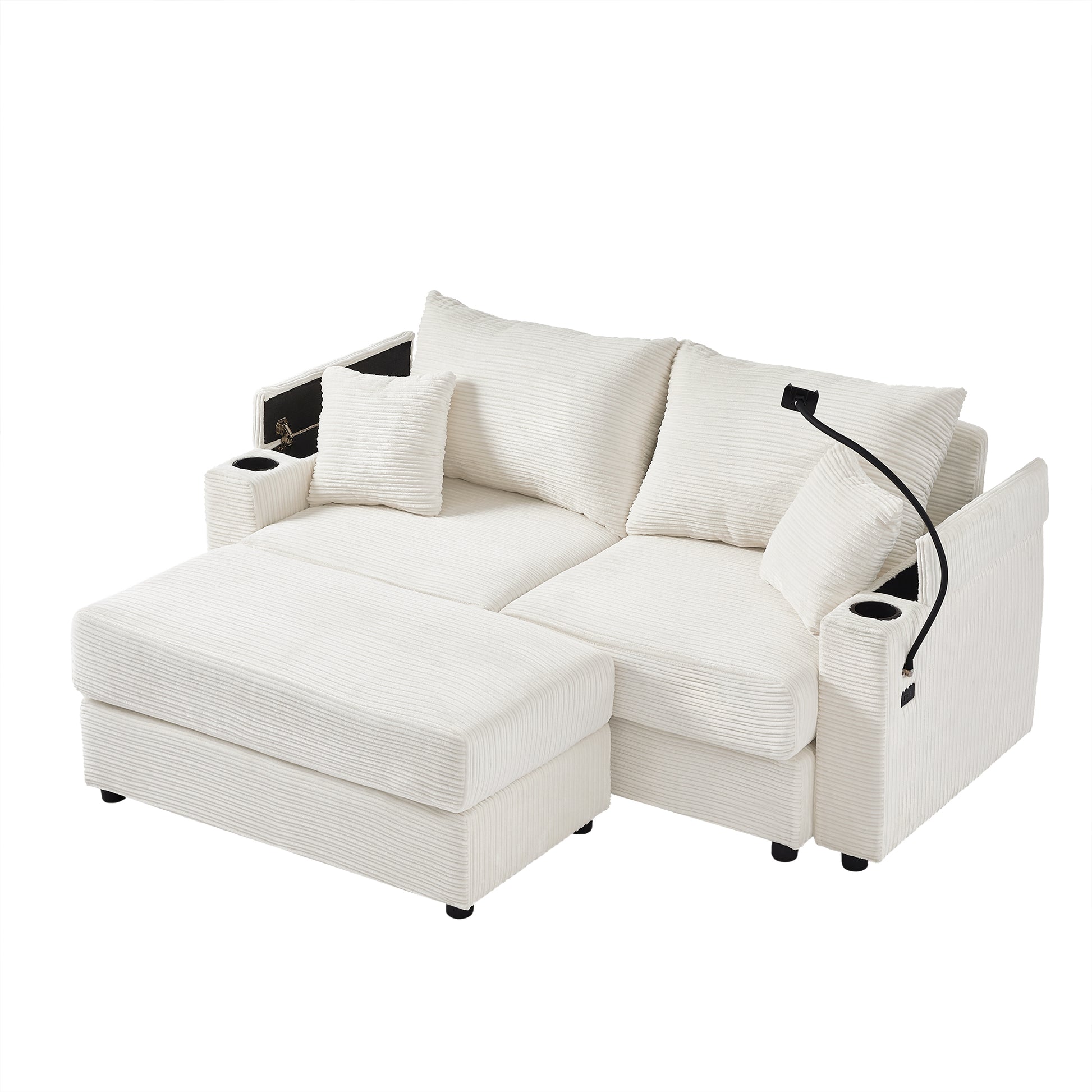 72.8" Modern Style Loveseat Sofa Sectional Sofa Couch With Storage Space, A Movable Ottoman, Two Usb Ports, Two Cup Holders, A Phone Holder For Living Room, Beige Beige Foam Corduroy 3 Seat