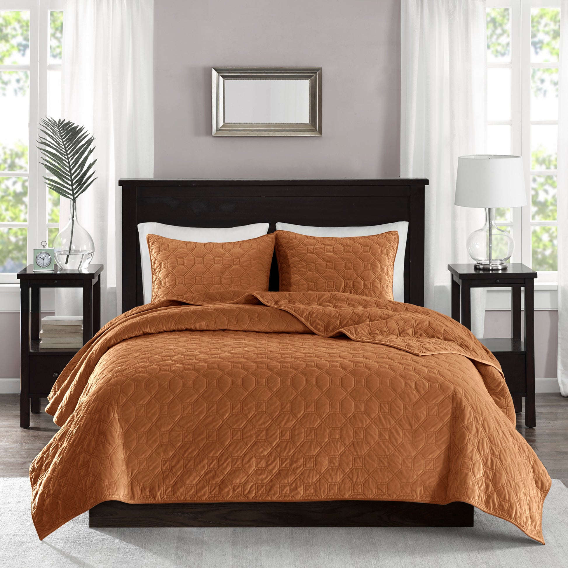 3 Piece Velvet Quilt Set Rust Full Queen Full Rust Cotton