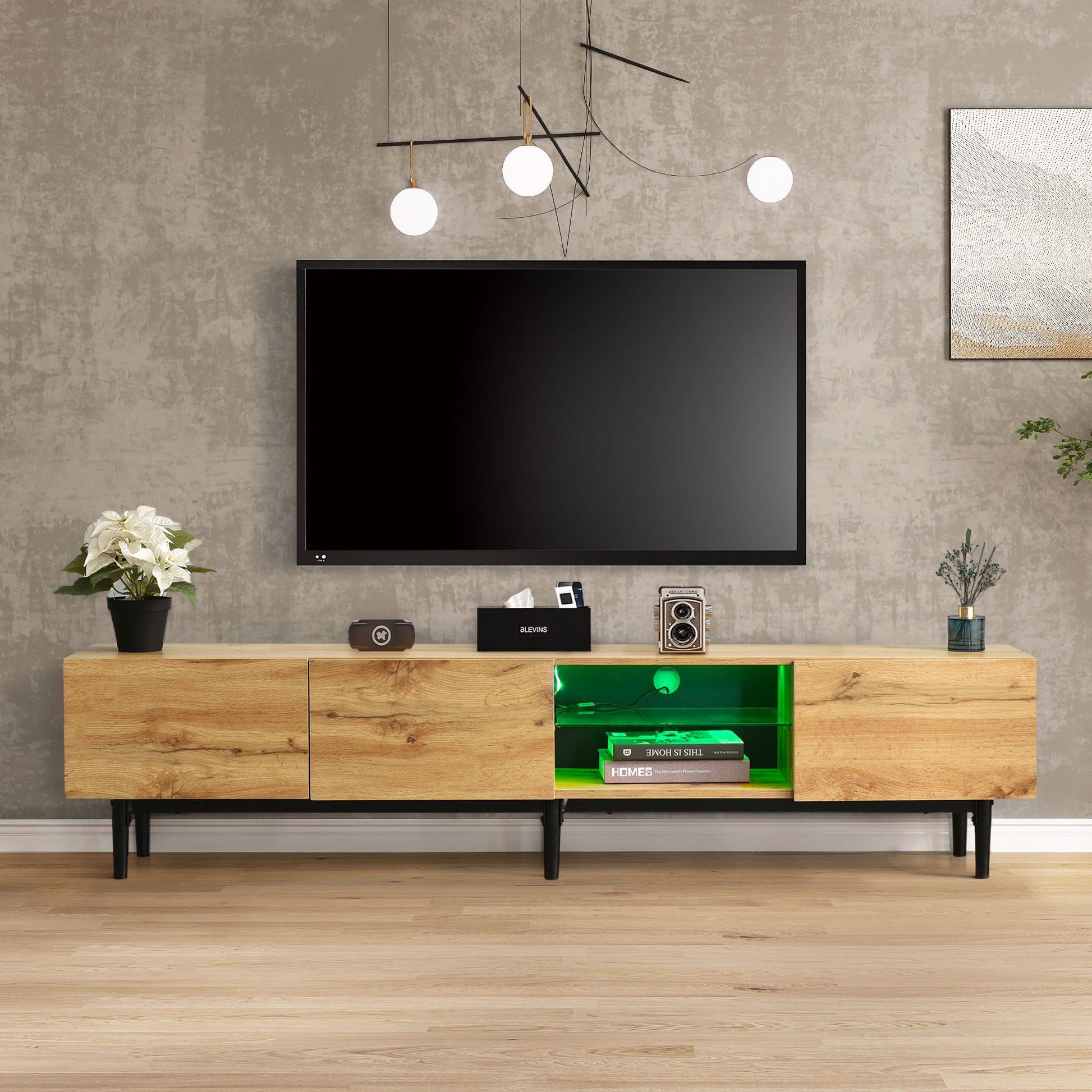 Modern Tv Stand With 4 Cabinets& Open Shelves, Color Matching Media Console Table For Tvs Up To 80'' With Led Light, Entertainment Center With Drop Down Door For Living Room, Bedroom, Home Theatre Wood Brown Primary Living Space 70 79 Inches 70 79 Inches