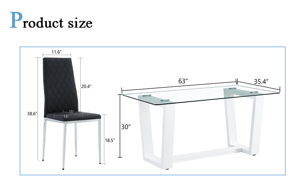 Table And Chair Set.A Rectangular Dining Table Features With Tempered Glass Top And Sleek White Mdf Stand.Paried With 6 Pu Chairs With Checkered Armless High Back And Electroplated Metal Legs. Black,White Seats 6 Mdf Glass