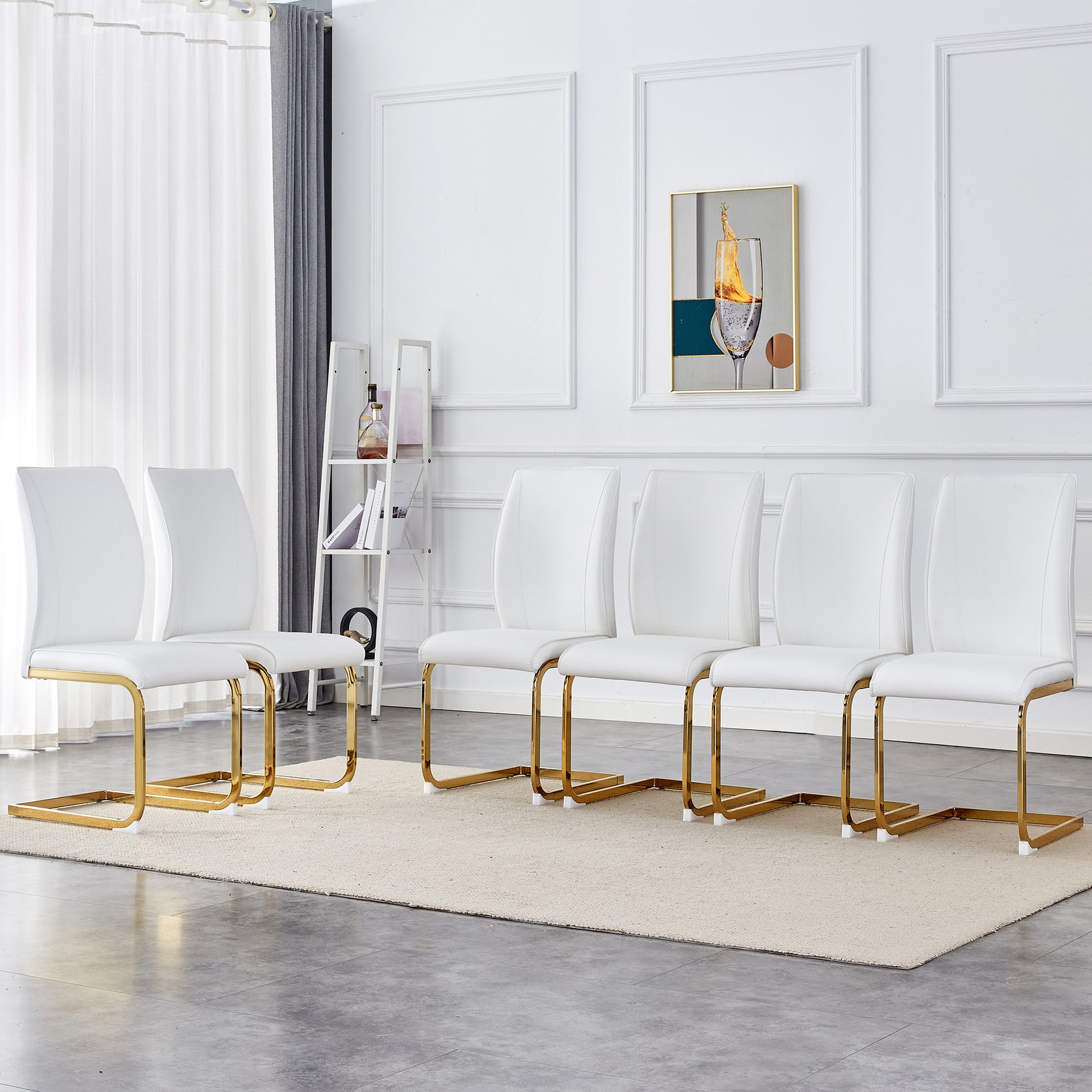 Luxury Simple Arch Chair Set Of 6 White Pu Material High Resilience Dining Chair With Arched Metal Gold Leg. White Gold Metal,Pu
