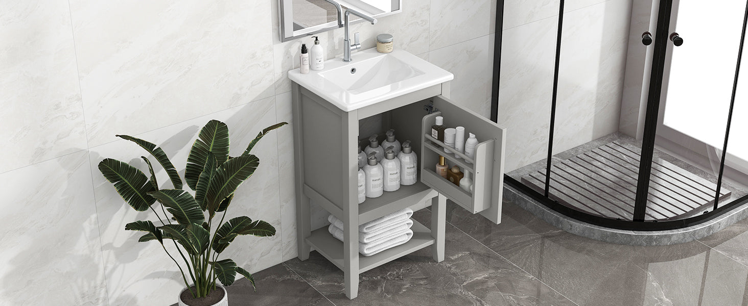 20" Bathroom Vanity With Sink, Bathroom Cabinet With Soft Closing Door, Storage Rack And Open Shelf, Grey Grey Solid Wood Mdf