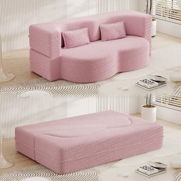 Modern Floor Sofa With 2 Pillows,Convertible Teddy Fabric Foam Filled Sleeper Sofa Bed,15" Full Size Folding Mattress For Living Room,Guest Bed,Playroom,No Assembly Required,Pink Old