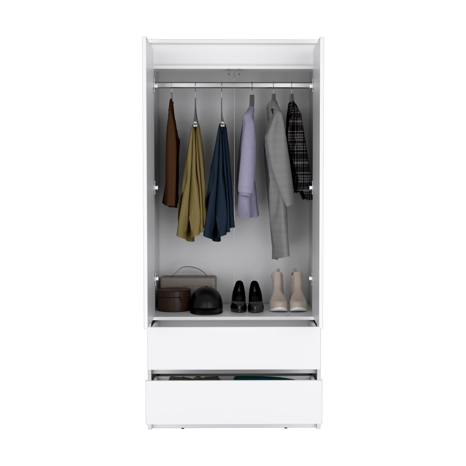 Armoire, Wardrobe Closet With Two Drawers,Hanging Rod, White White Solid Wood Mdf Engineered Wood