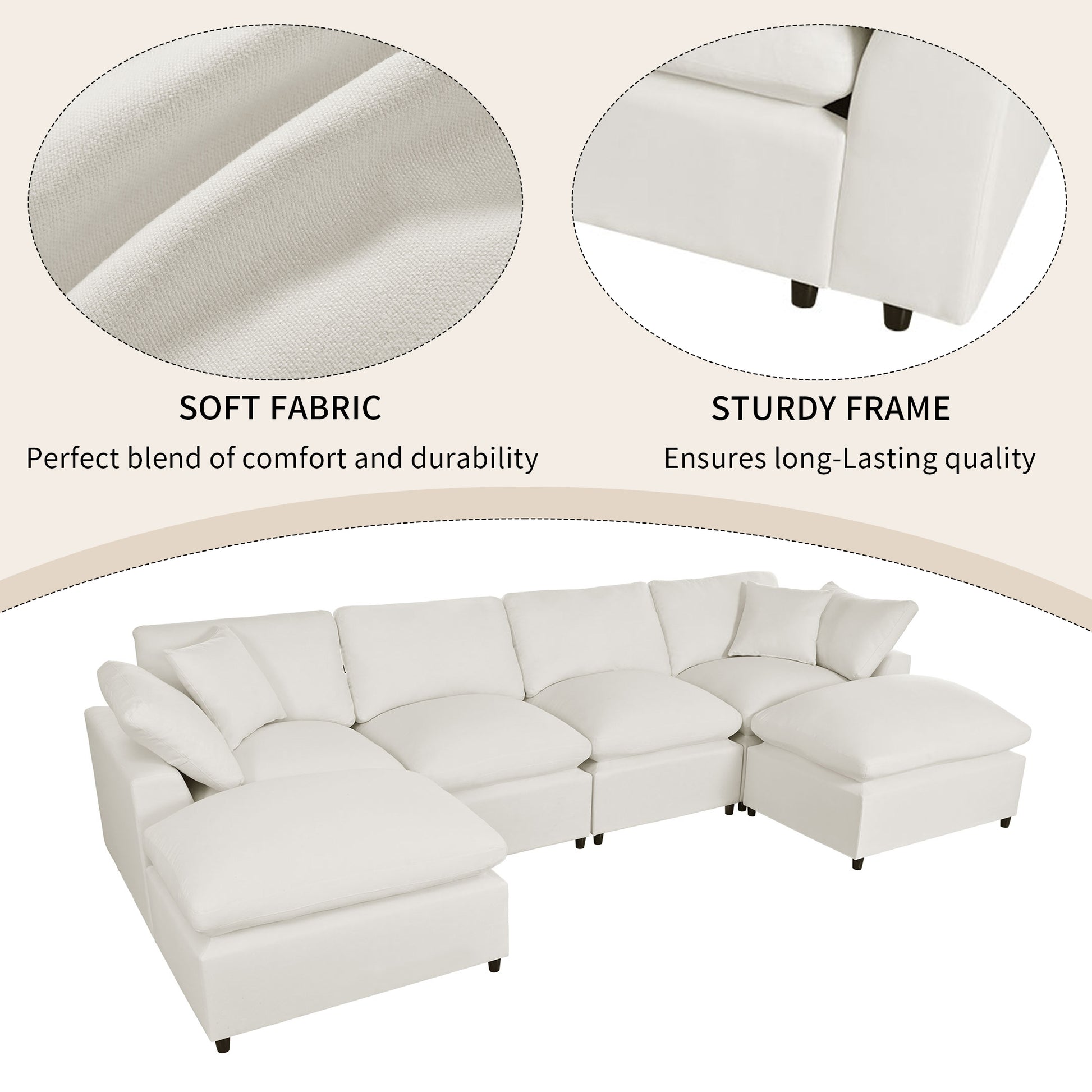 Modern Large U Shape Sectional Sofa, 2 Large Chaise With Removable Ottomans For Living Room Beige Polyester Primary Living Space Pillow Back American Design Polyester 6 Seat