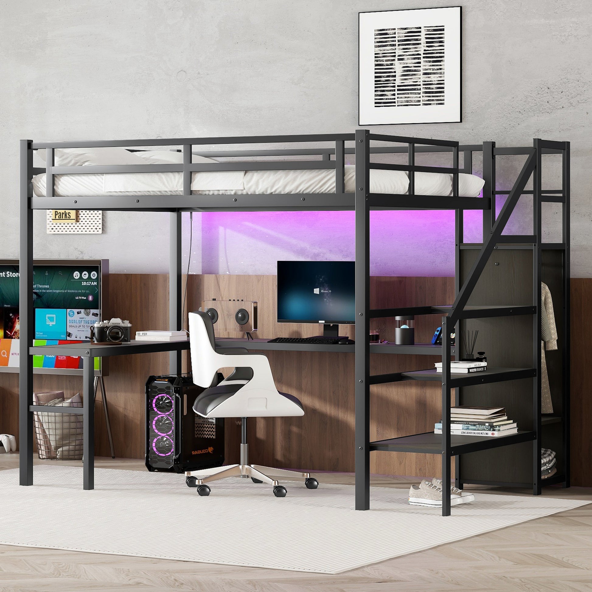 Full Xl Size Loft Bed With L Shaped Desk And Usb, Metal Loft Bed With Wardrobe And Adjustable Shelf, High Loft Bed With Led For Kids Teens Adults, Black Expect Arrive 2024 10 10 Full Xl Black Metal