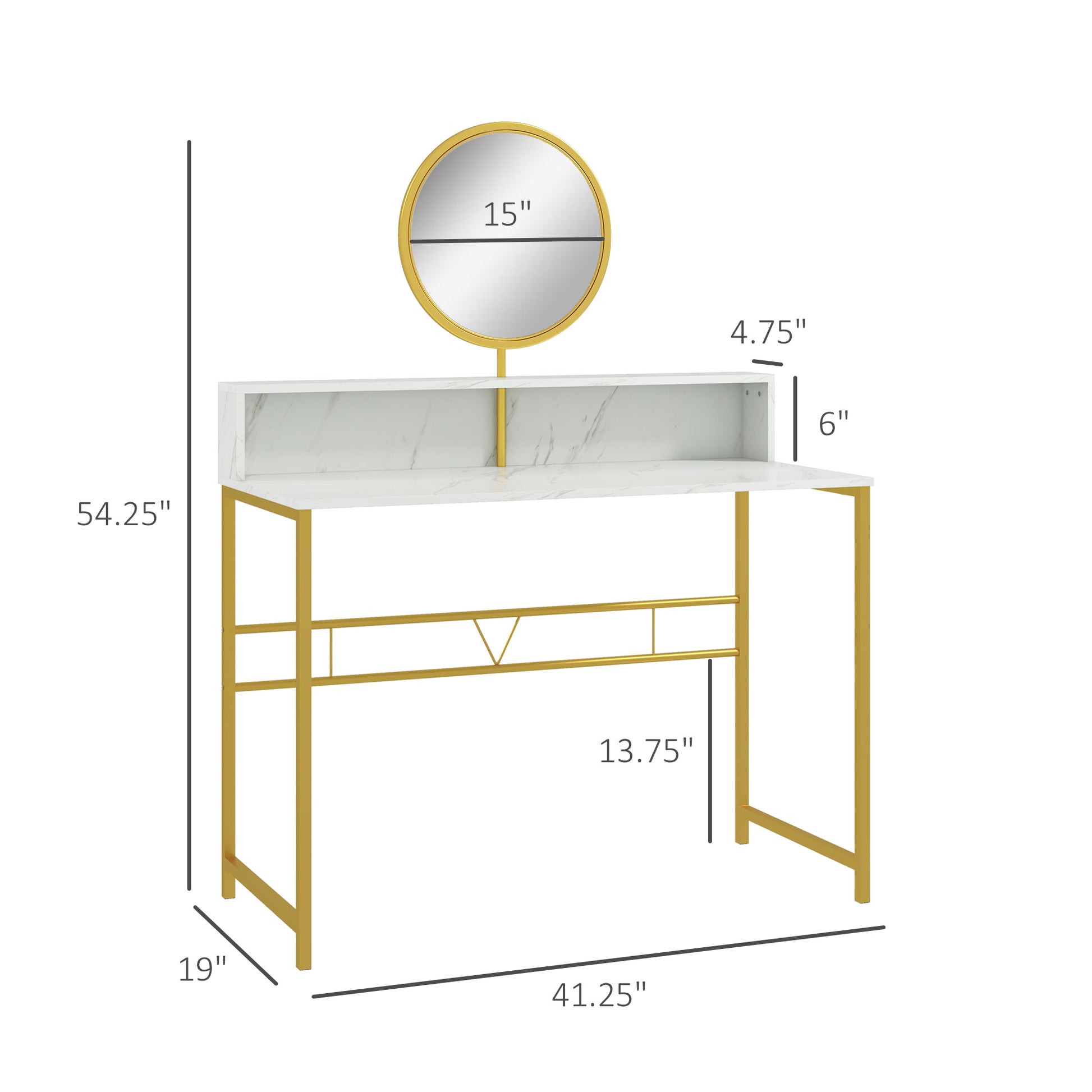 Homcom Modern Vanity Makeup Desk With Mirror, Dressing Table With Open Storage, Faux Marble Finish And Steel Frame For Bedroom, White And Gold White Steel