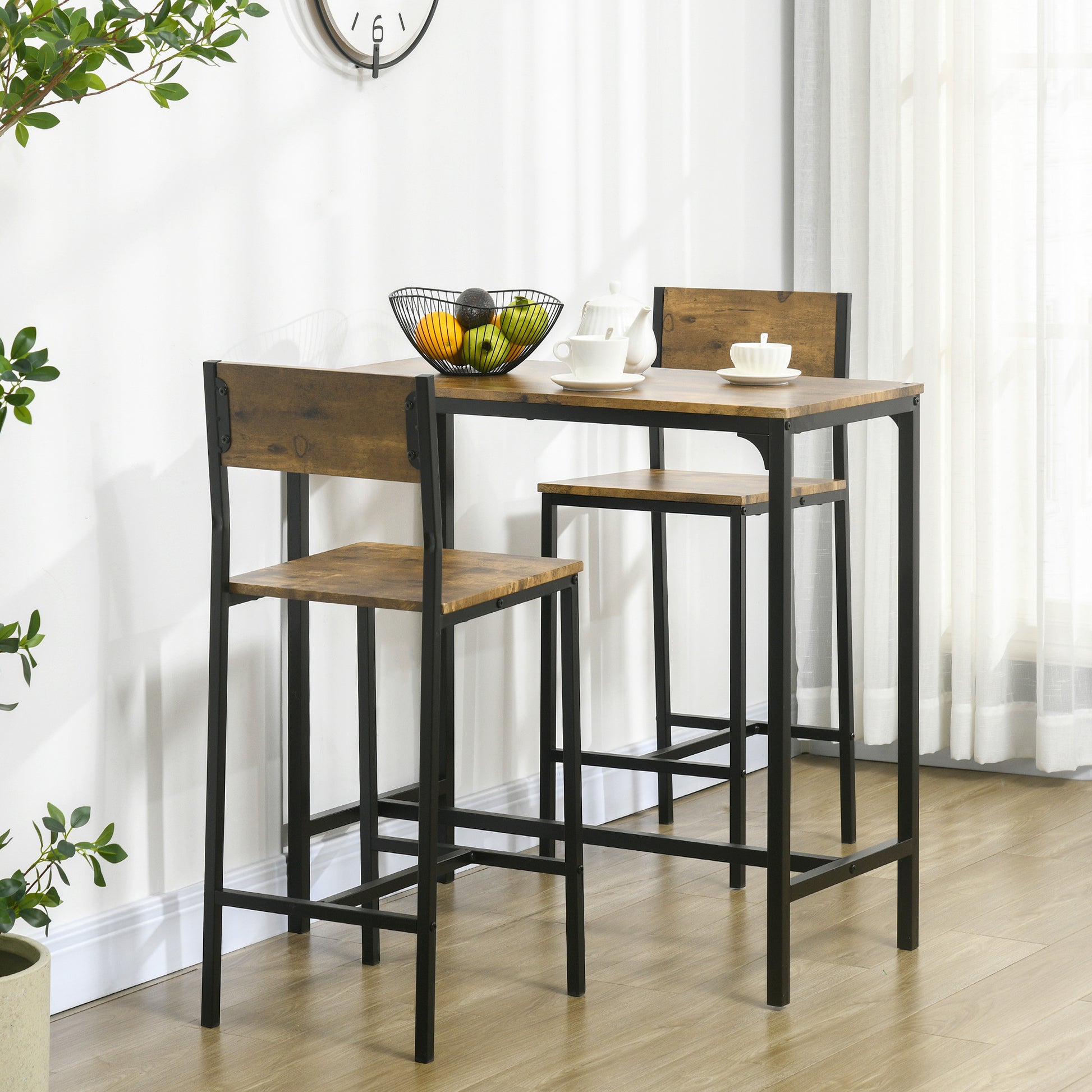 Homcom 3 Piece Bar Table And Chairs, Industrial Dining Table Set For 2, Counter Height Kitchen Table With Bar Stools, Breakfast Table Set For 2 For Small Space, Rustic Brown Rustic Brown Mdf