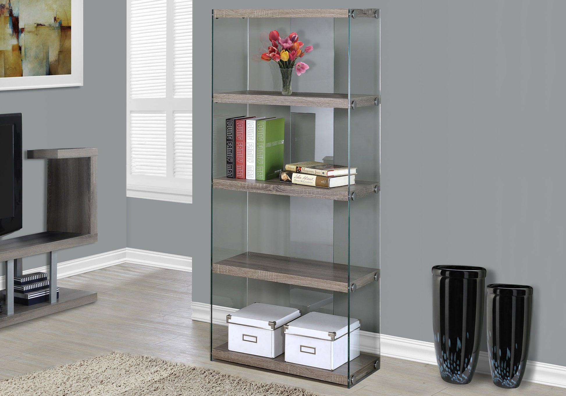 Bookshelf, Bookcase, Etagere, 5 Tier, 60"H, Office, Bedroom, Clear Tempered Glass, Brown Laminate, Contemporary, Modern Taupe Particle Board