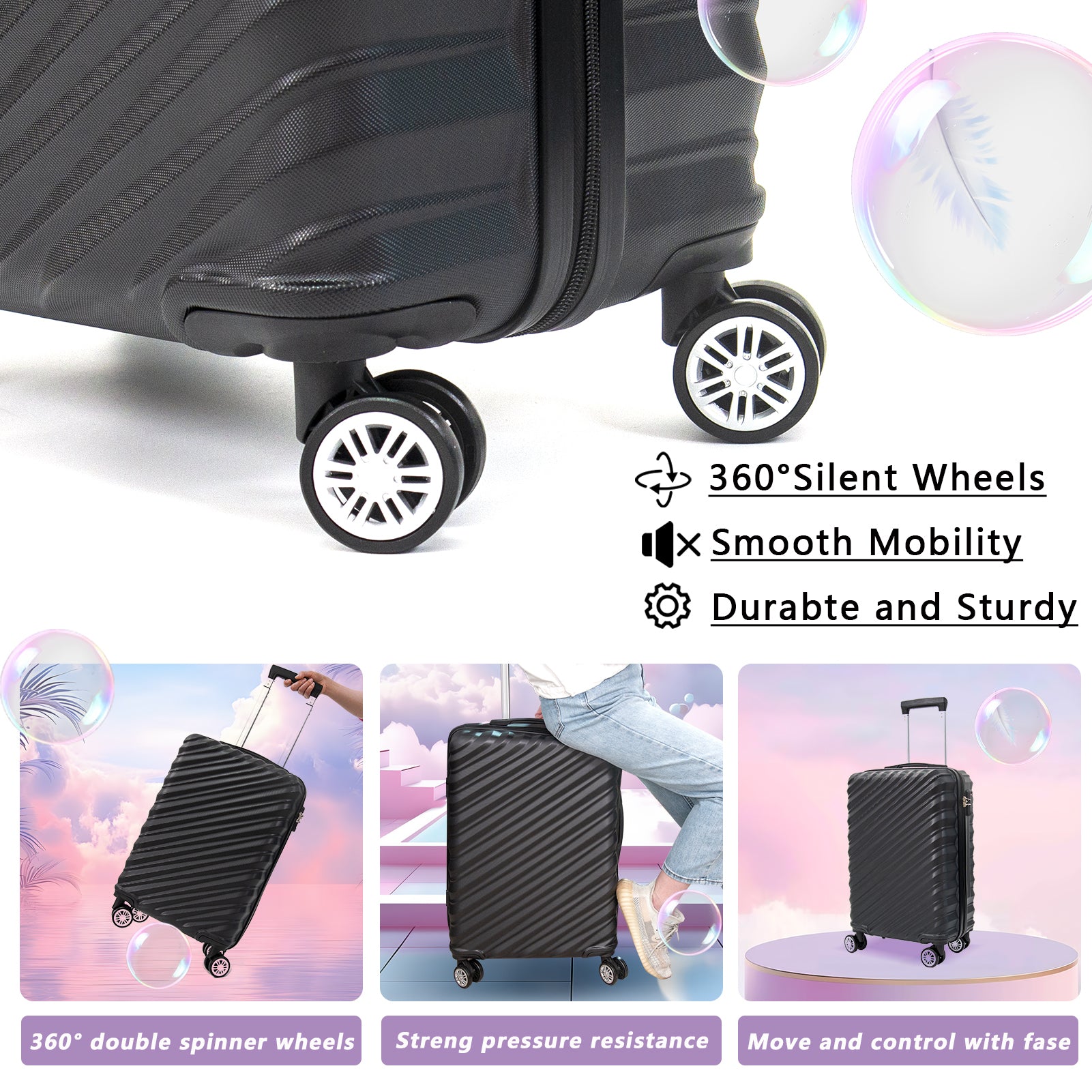 3 Piece Hard Shell Luggage Set With Tsa Lock Spinner Wheel Abs Lightweights Checked Convenient Stackable Suitcase Woman Men 20 24 28 Black Abs