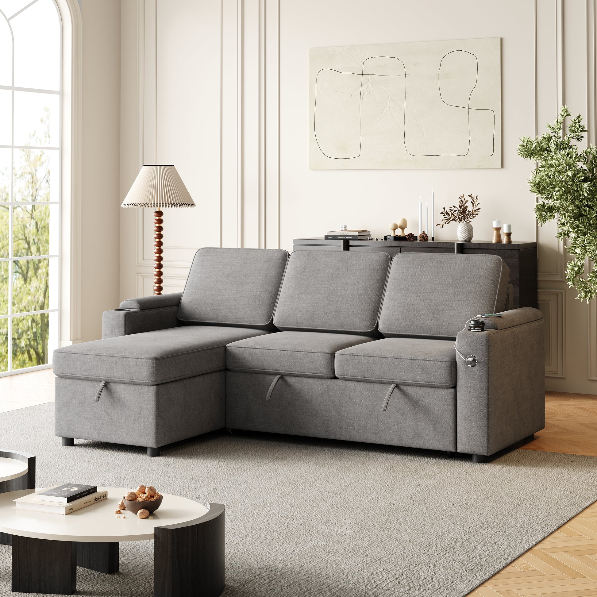 Mh85.8" Sleeper Sofa, Sofa Bed 2 In 1 Pull Out Sofa Bed With Storage Sofa, Sofa Sleeper With Pull Out Bed With Charging Port Dark Grey Polyester Primary Living Space Eucalyptus Polyester Fabric 3