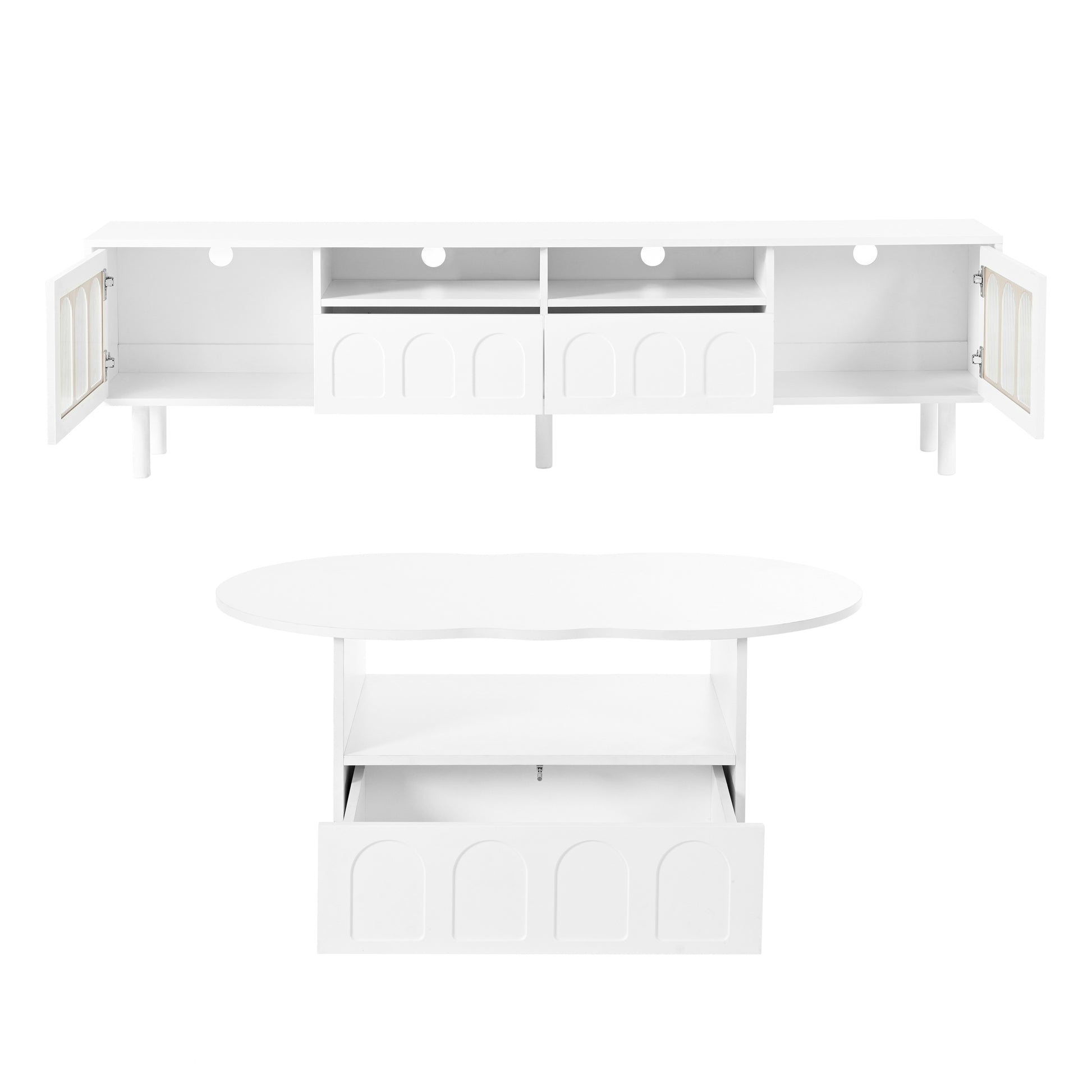 Cream Style Tv Stand And Coffee Table Set Of 2, Led Light Strip Tv Stand For Tvs Up To 80'', Cloud Top Coffee Table With 2 Brake Wheels For Living Room, White White 80 89 Inches Particle Board