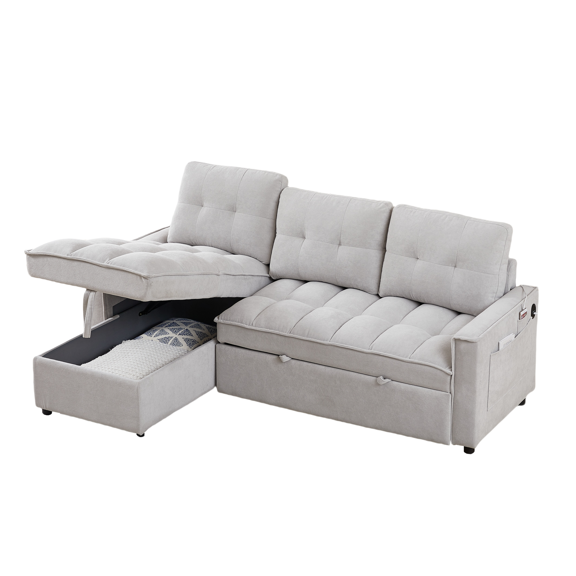 Mh 78.75" Reclining Sofa, Pull Out Sofa Bed With Usb And Tape C Charging Ports, L Shaped Sectional Sofa With Reclining Storage And Arm Side Organizer Pocket Features, Living Room Comfort Sofa Light