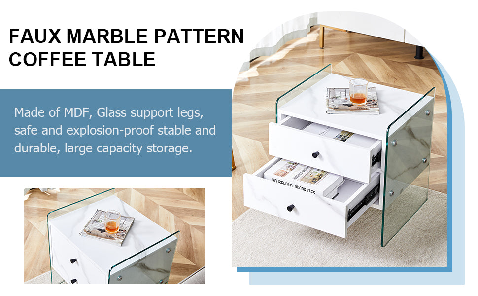 Double Drawer Bedside Table. The Board Surface Is Mdf Sticker, And Both Sides Are Transparent Tempered Glass. The Design Is Simple And Elegant, With Excellent Storage Functions. White Mdf