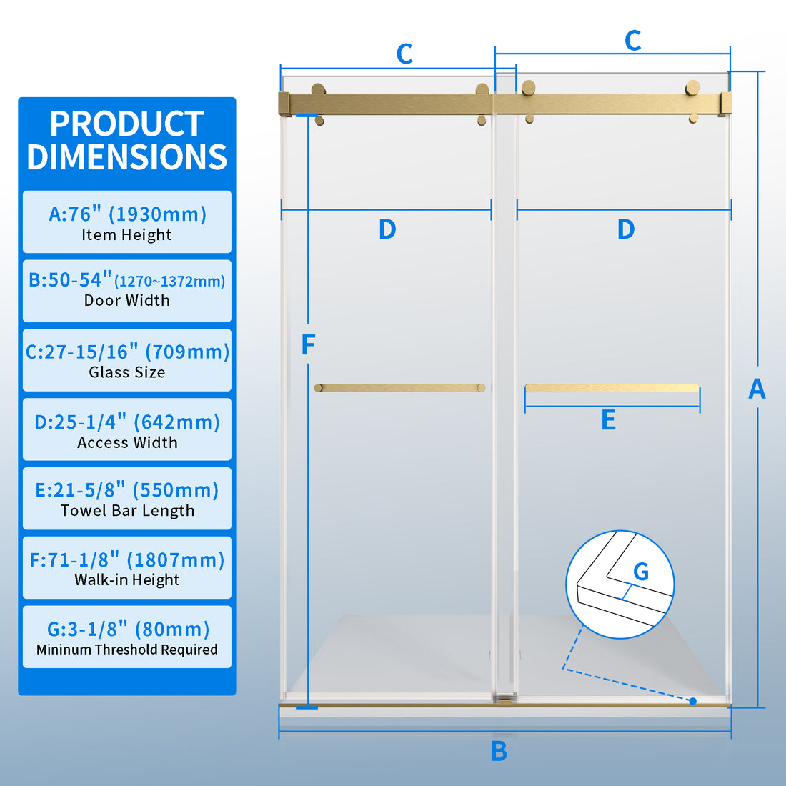 50 54 Inches Width 76 Inches Height Double Sliding Frameless Shower Door With 3 8 Inches 10Mm Clear Tempered Glass, Brushed Gold Finish Brushed Gold Bathroom Luxury,Modern Glass Aluminium,Stainless