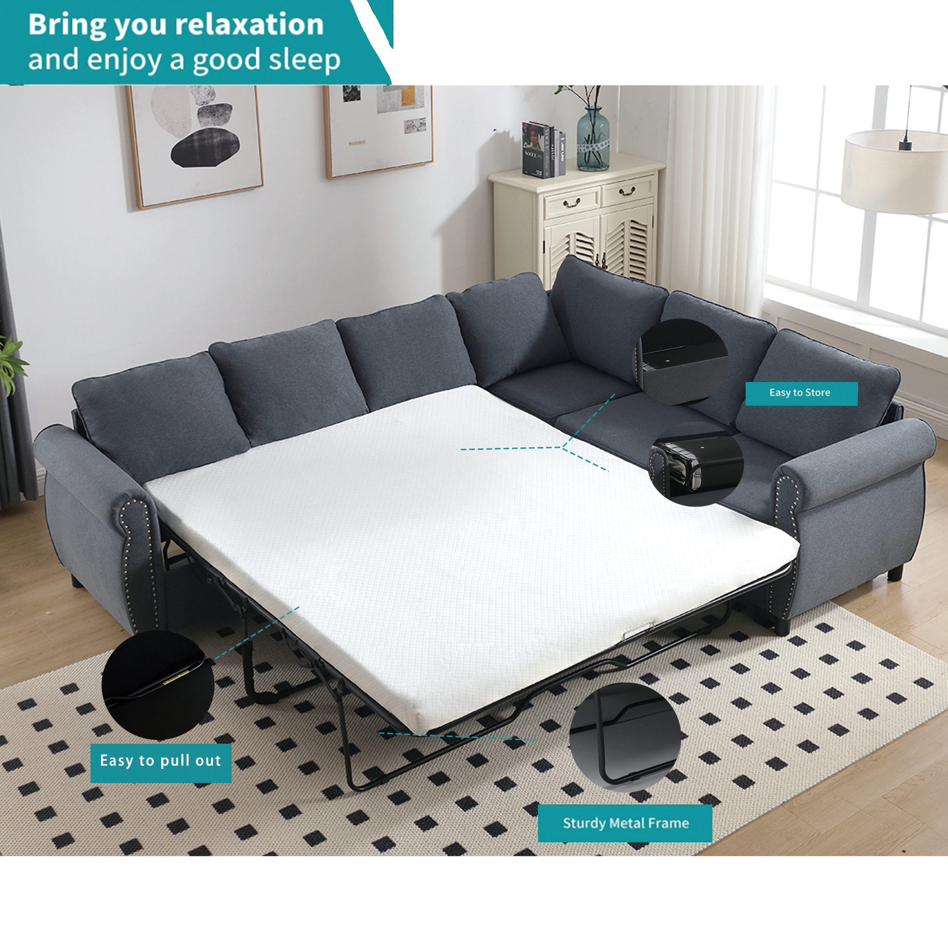Arrived Sleeper Sofa, 2 In 1 Pull Out Couch Bed,6 Seater Sofa Bed, L Shaped Sleeper Sectional Sofa Couch,Riveted Sofa,104'' Large Combined Sofa Bed In Living Room, Dark Gray Gray Polyester Wood Primary Living Space Medium Soft Cushion Back Modern