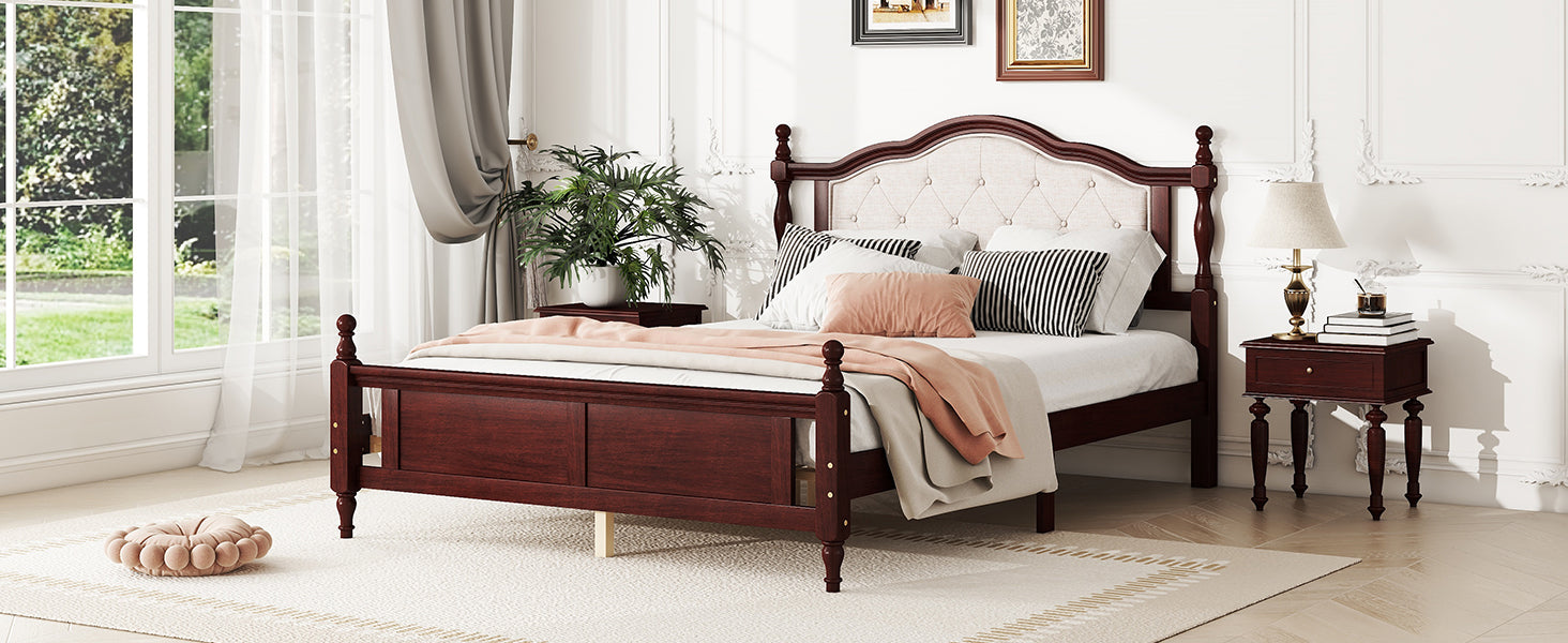 Queen Pine Wooden Bed With Upholstered Headboard And Panel Footboard, With Two Bed Rail Support Feet And Central Platform Support Feet ,Classic Cherry Queen Cherry Pine