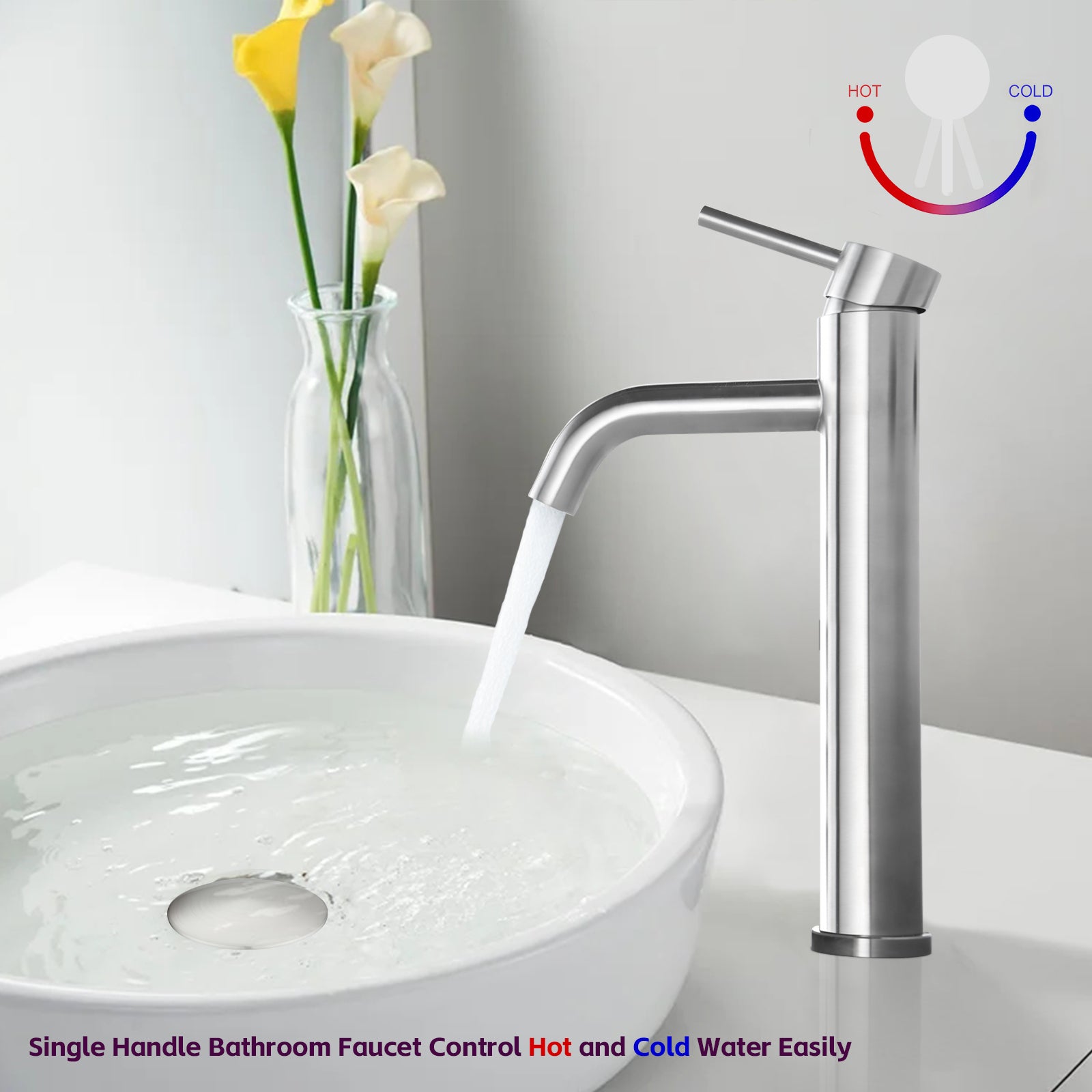 Bathroom Modern Tall Faucets Single Handle One Hole Lavatory Bathroom Sink Faucet Brushed Nickel Cartridge Valve Bathroom 1 Hole Faucets Stainless Steel