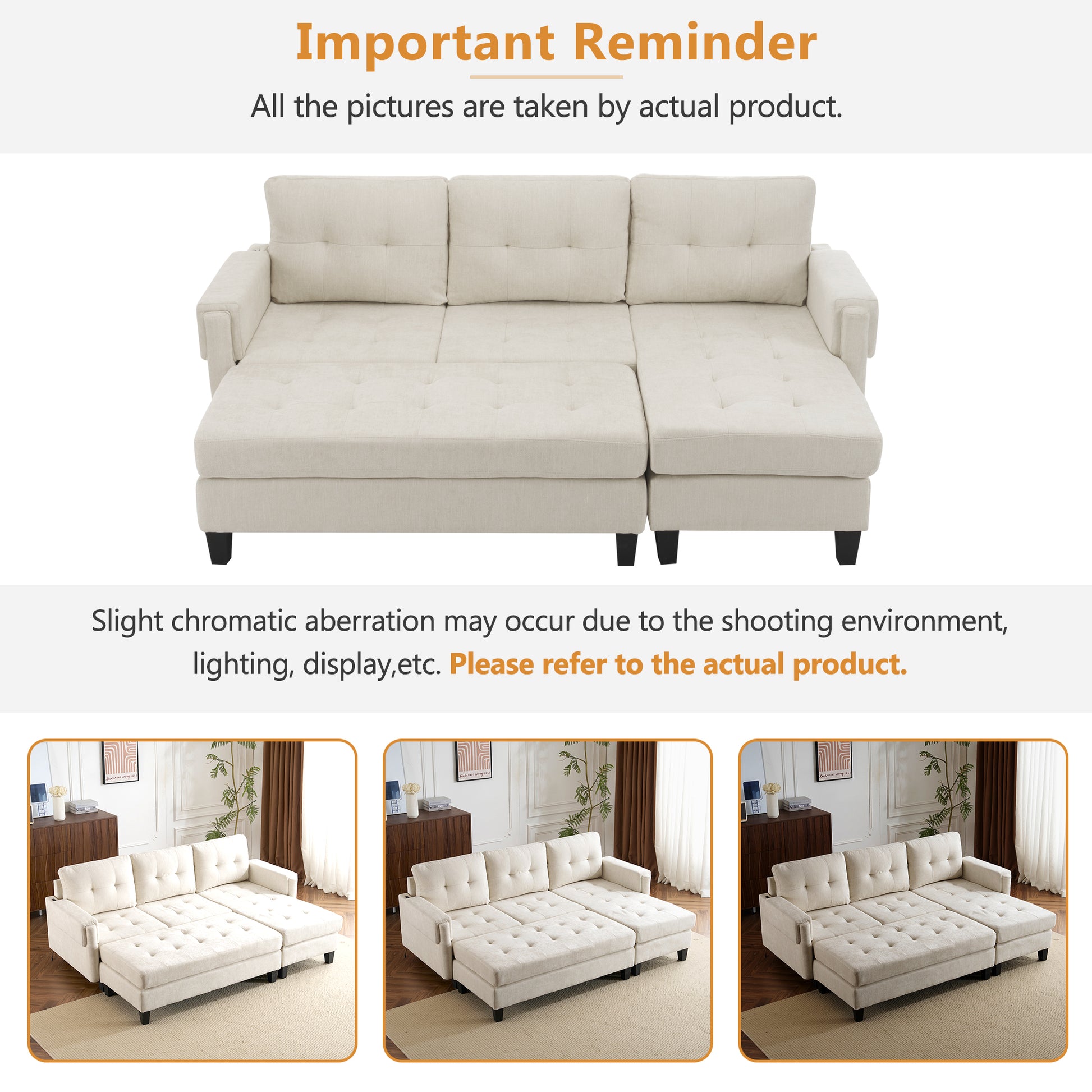 83.4" L Shaped Sofa Sectional Couch Sofa Bed With Two Usb Ports, A Movable Ottoman And A Reversible Chaise Lounge For Living Room, Beige Beige Foam Chenille 5 Seat