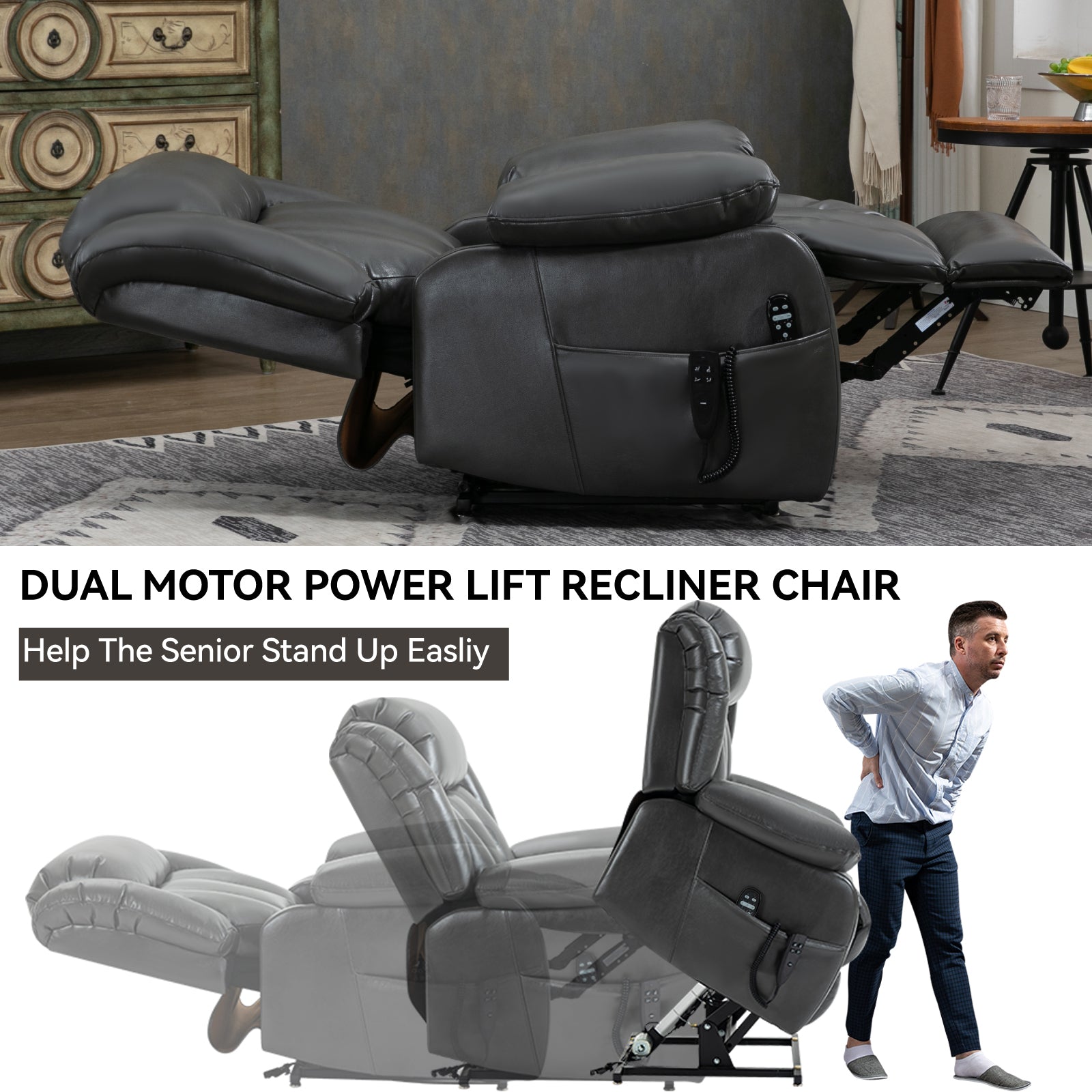 Dual Motor Infinite Position Up To 350 Lbs Electric Medium Size Grey Power Lift Recliner Chair With 8 Point Vibration Massage And Lumbar Heating White Metal Primary Living Space Heavy Duty Pine Antique Gray Faux Leather Power Remote Medium Firm Pillow