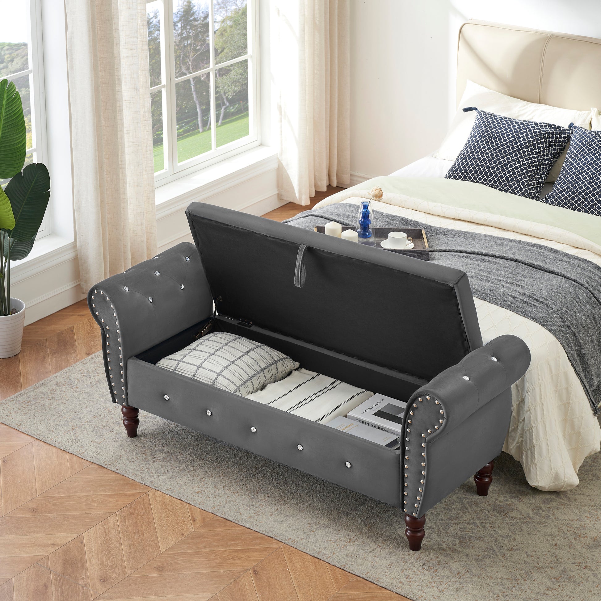 63.38"Velvet Multifunctional Storage Rectangular Ottoman Bench Comes With Crystal Buckle Solid Wood Legs With 1 Pillow,Dark Gray Dark Gray Velvet