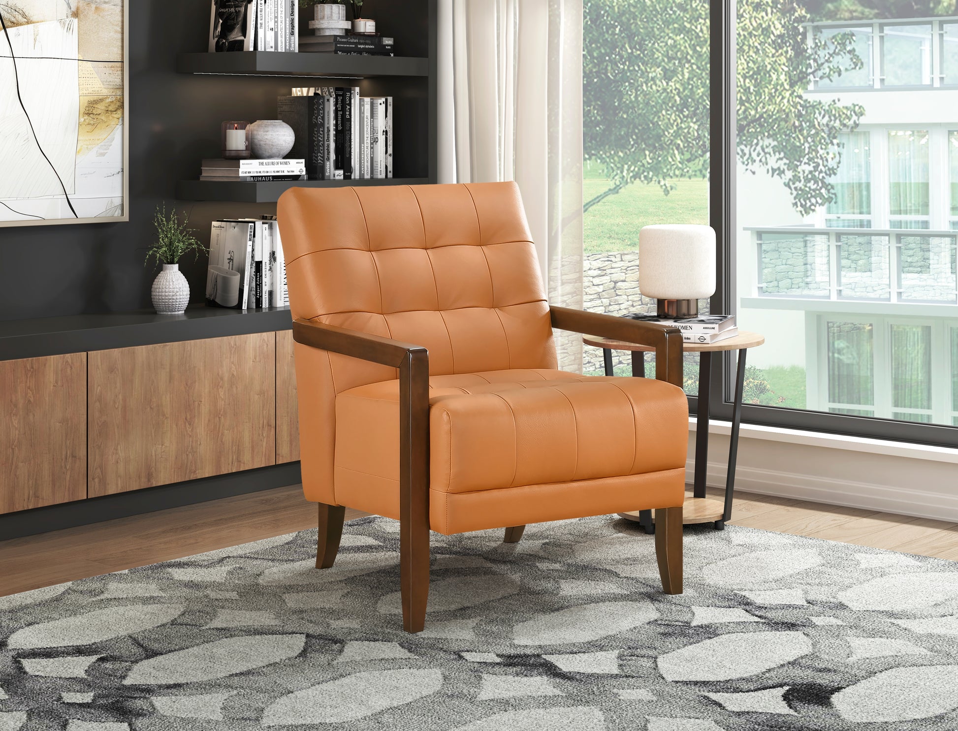 Modern Style Accent Chair Orange Leather Upholstered Tufted Detail Walnut Finish Wood Furniture 1Pc Orange Primary Living Space Contemporary,Modern Plywood