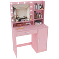 Vanity Desk With Mirror & Light, Large Drawer Three Level Storage Dresser, 3 Lighting Modes Adjustable Brightness, Bedroom Dressing Table Pink Baby Pink Particle Board