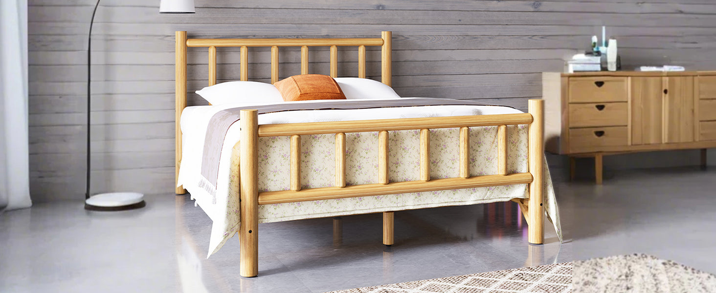 Farmhouse Log Bed Frame Queen Rustic Style Pure Solid Pine Cylinder Construction Bed Fits Mattresses And Box Springs, Natural Finish Queen Natural Pine