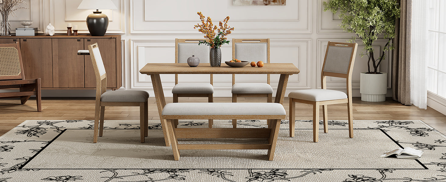 6 Piece Retro Dining Set, 1 Rectangular Table With Stable Trapezoidal Table Base And 4 Upholstered Chairs And 1 Bench For Dining Room And Kitchen Natural Wood Wash Natural Wood Wash Solid Wood Mdf