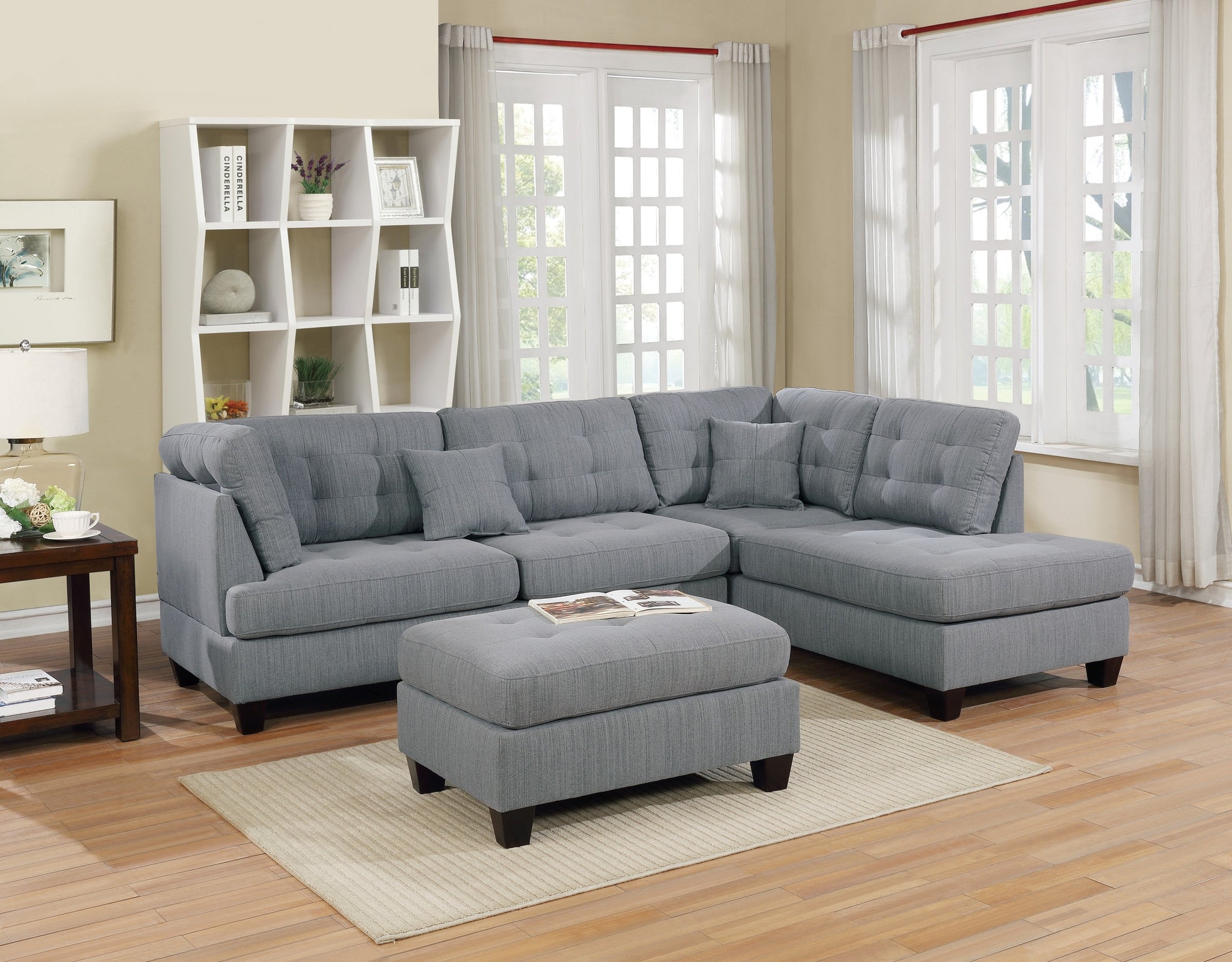 Modern 3Pc Sectional Sofa Set Reversible Chaise Sofa Ottoman Gray Linen Like Fabric Living Room Furniture Couch Grey Wood Primary Living Space Tufted Back Contemporary,Modern L Shaped Particle Board 5 Seat