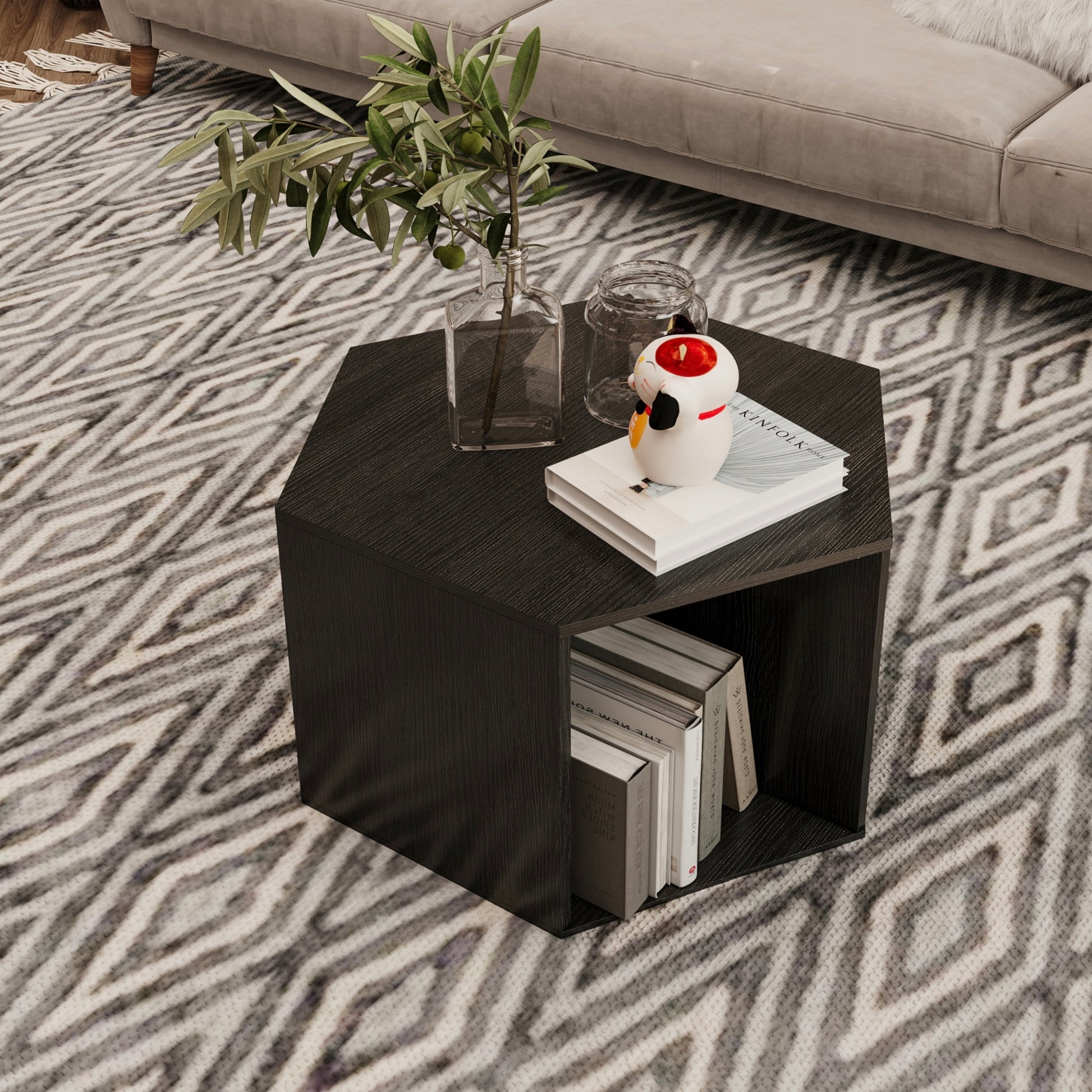 23.62'' Hexagonal Coffee Table Side Table Nightstand Burmese Sumac Black Brown Mdf