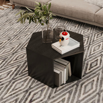 23.62'' Hexagonal Coffee Table Side Table Nightstand Burmese Sumac Black Brown Mdf