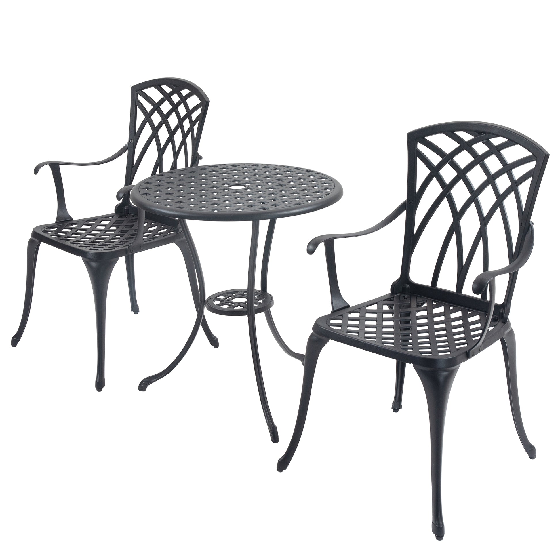 3 Piece Bistro Table Set Cast Aluminum Outdoor Patio Furniture With Umbrella Hole Patio Balcony, Black Black Aluminium