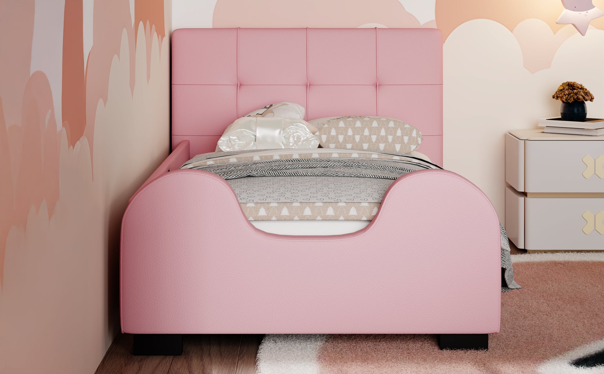 Twin Size Upholstered Platform Bed With Guardrail, Pink Box Spring Not Required Twin Pink Wood Faux Leather Upholstered