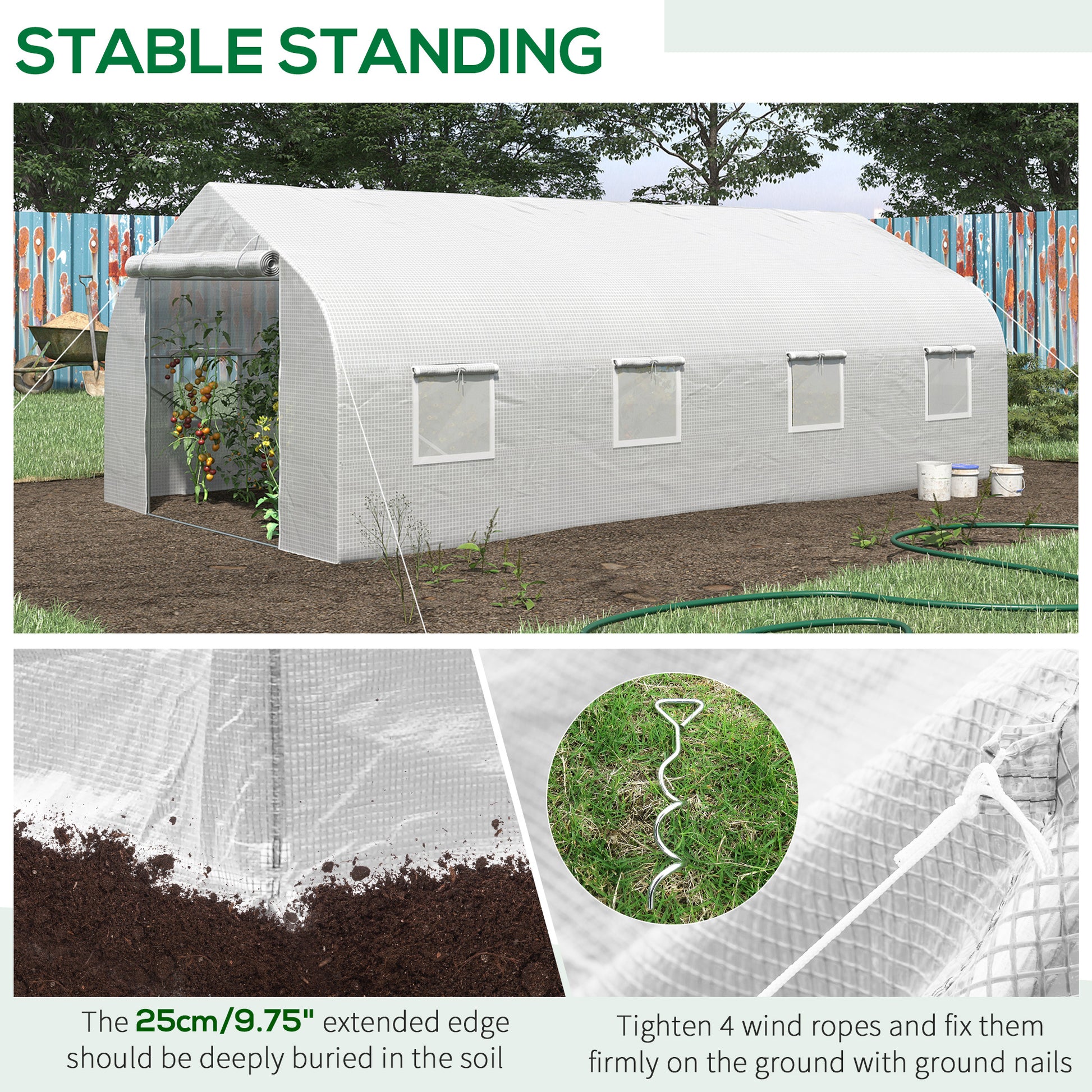 Outsunny 20' X 10' X 7' Walk In Tunnel Greenhouse With Zippered Mesh Door & 8 Mesh Windows, Gardening Plant Hot House With Galvanized Steel Hoops, White White Steel