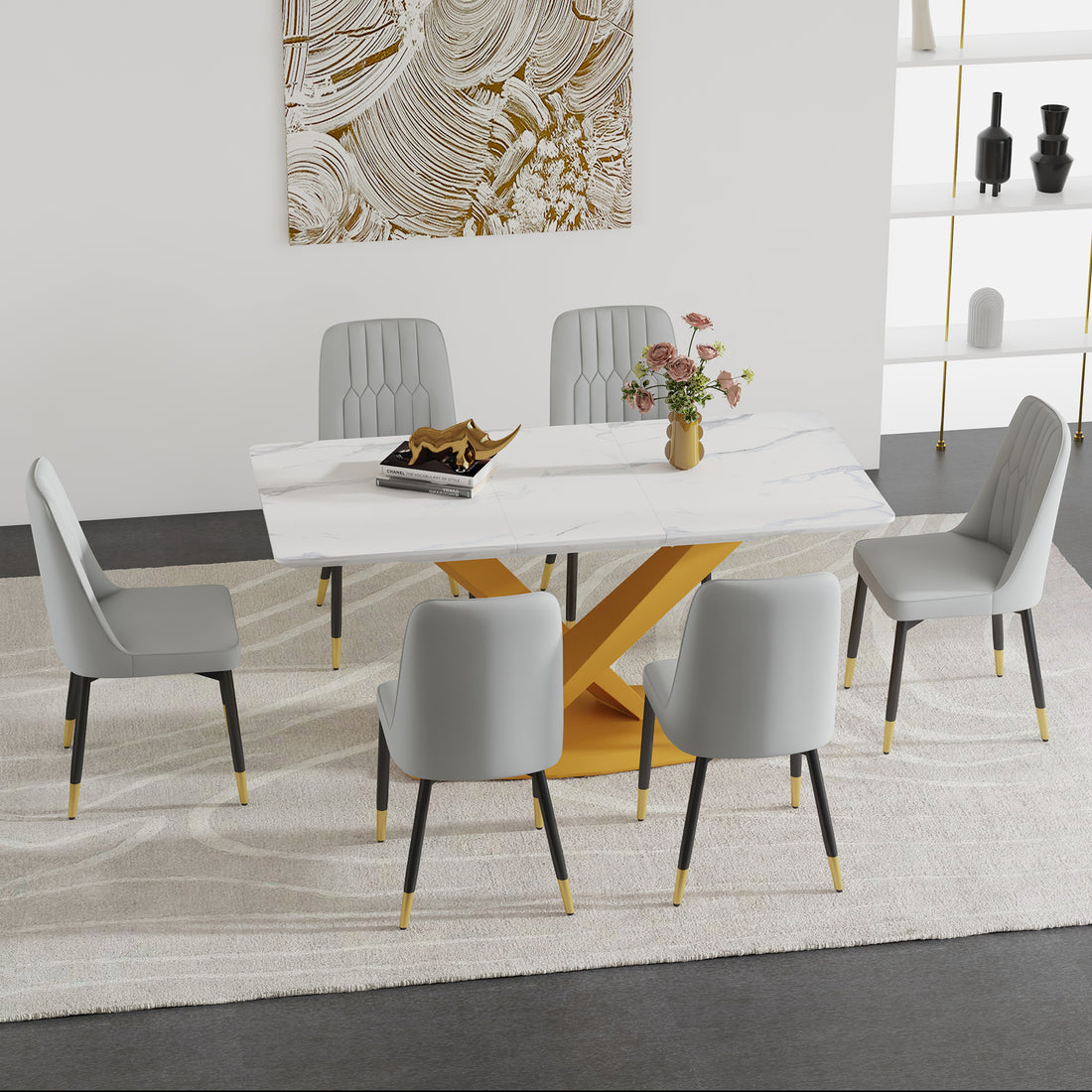 Table And Chair Set.The Table Is Equipped With A Marble Patterned Mdf Tabletop And Gold Table Legs.Paired With 6 Light Gray Chairs With Pu Cushions And Black Metal Legs. Gold,Light Gray Seats 6 Mdf