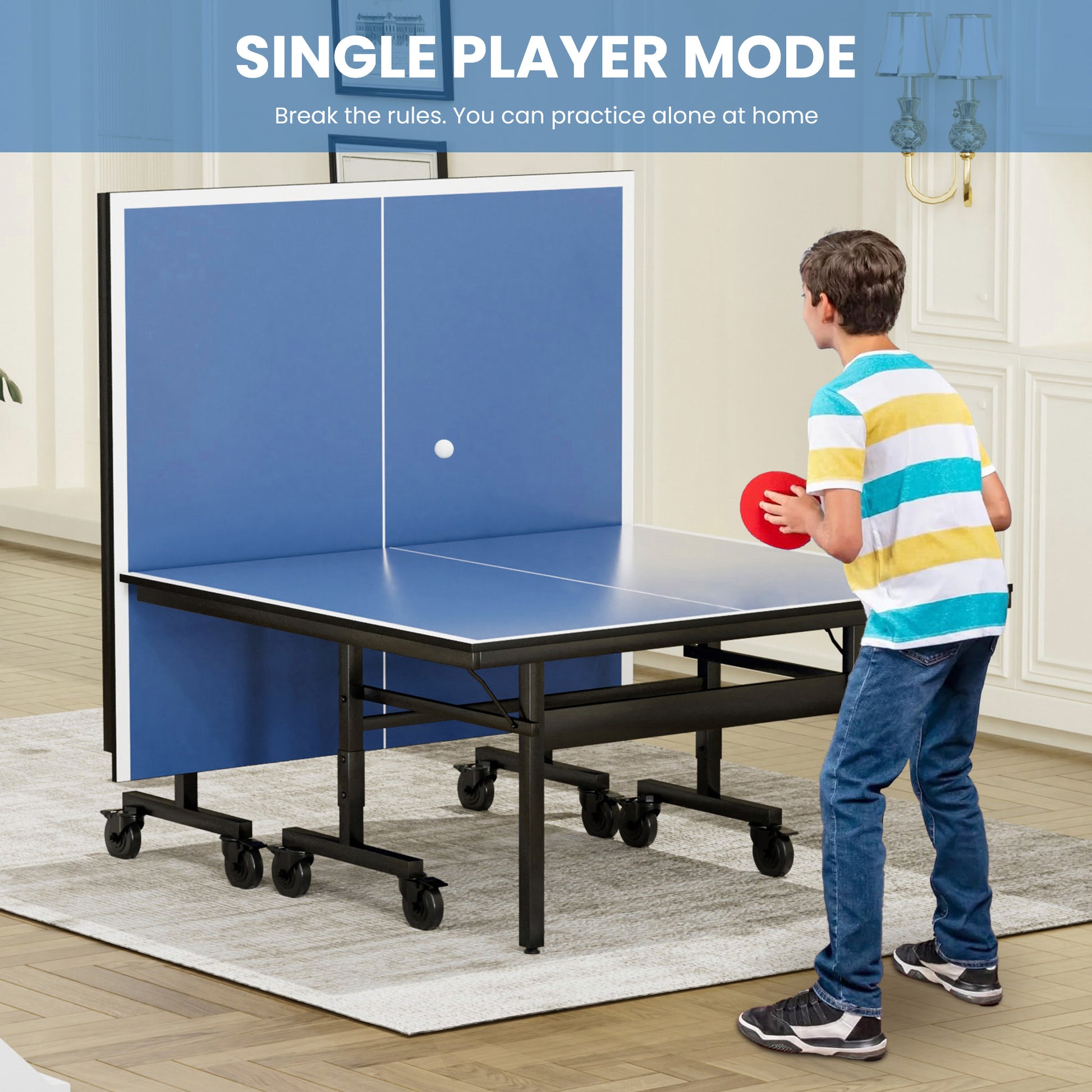 Table Tennis Table 15Mm Professional Mdf Indoor Table Tennis Table With Table Tennis Net And Bats Etc. Quick Assembly, Single Training Table, 108"L X 60"W X 30"H Black Blue Mdf Steel