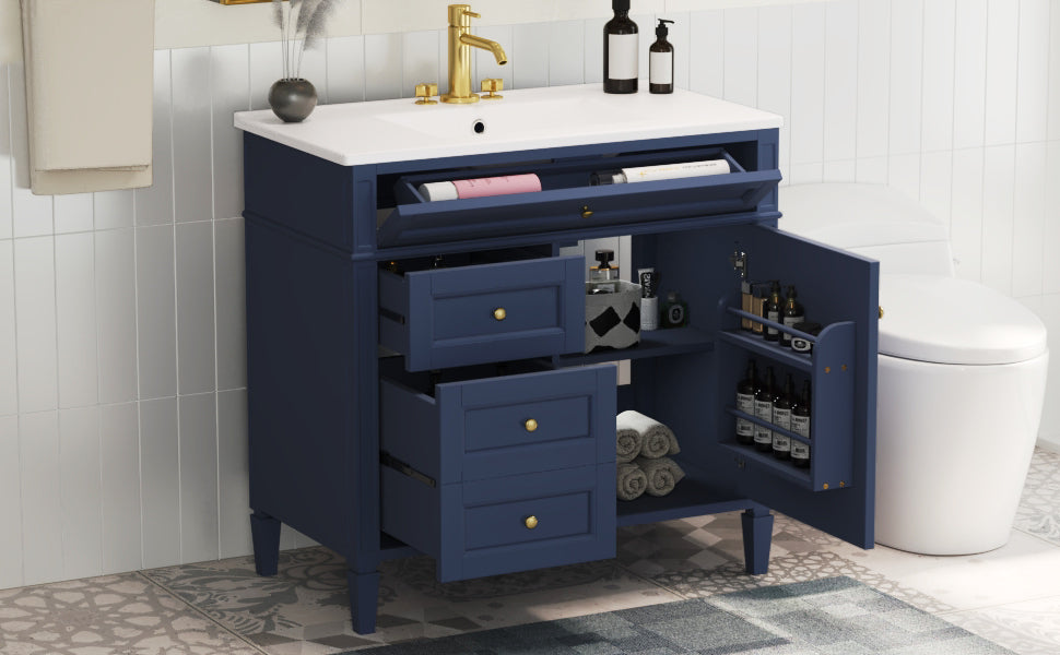 36'' Bathroom Vanity With Top Sink, Modern Bathroom Storage Cabinet With 2 Drawers And A Tip Out Drawer, Single Sink Bathroom Vanity Blue Bathroom Solid Wood Mdf Ceramic,Solid Wood Mdf
