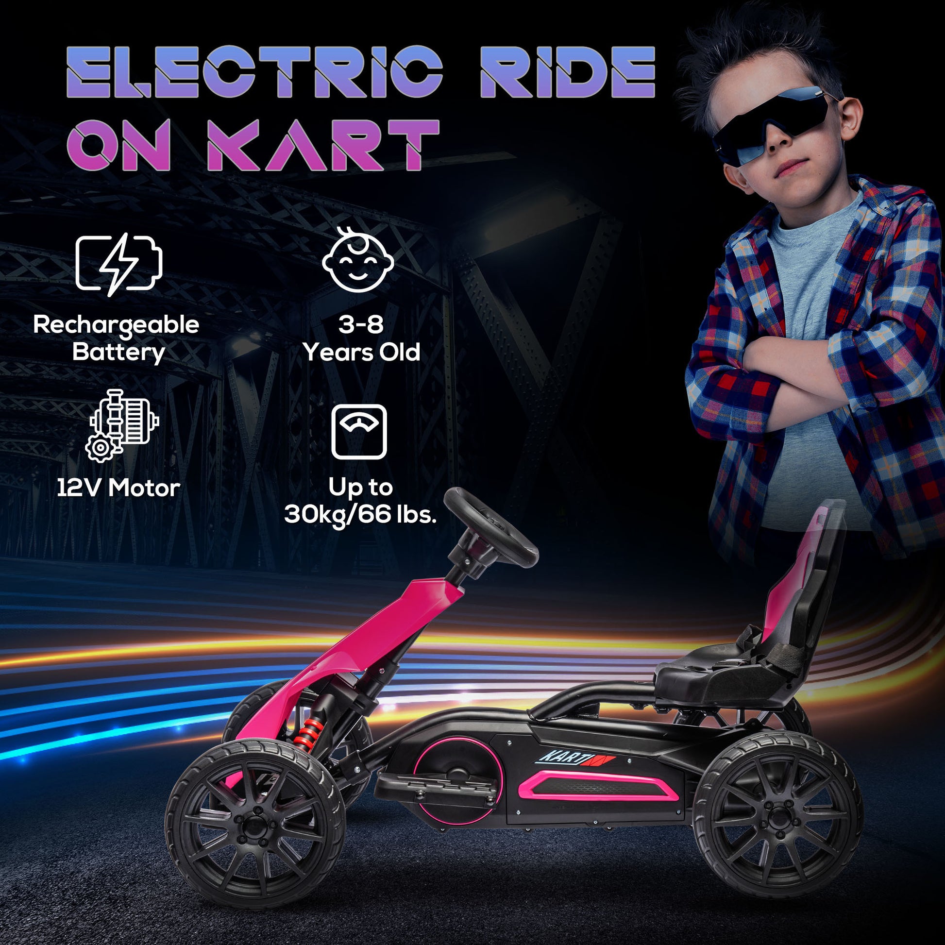 Aosom 12V Electric Go Kart For Kids, Outdoor Ride On Toy With Forward Backward Drive & Adjustable Speed, Gift For Child 3 8 Years Old, Pink Pink Iron Plastic