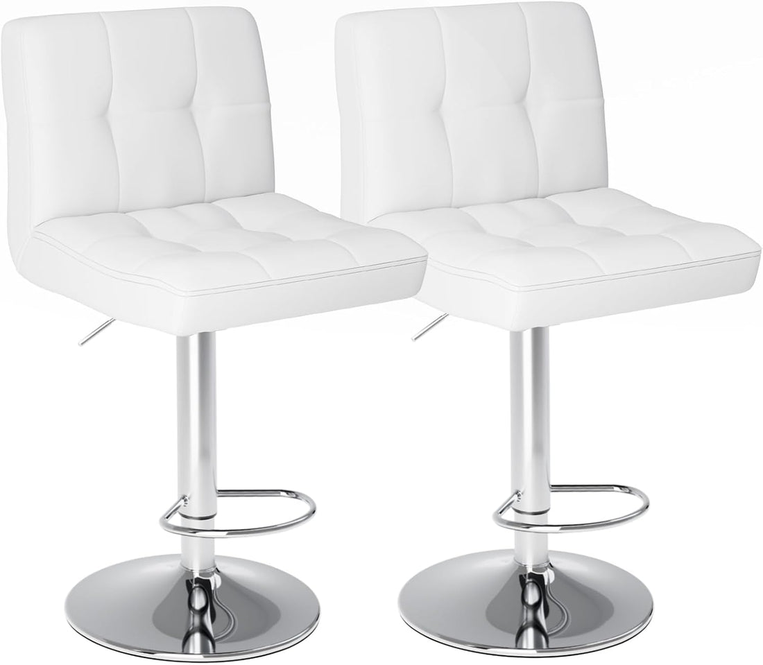 Bar Stools Set Of 2, Armless Hydraulic Kitchen Height Counter Bar Stools, Pu Leather Adjustable Swivel Barstools, Thickened Square Seat Cushion Barstool With Back, White White Metal