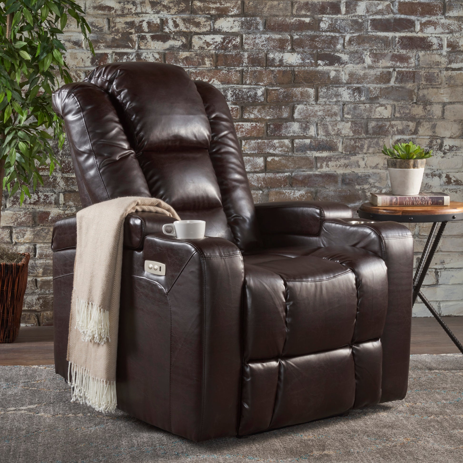 33" Wide Power Standard Recliner Chair With Arm Storage With Usb Brown Pu