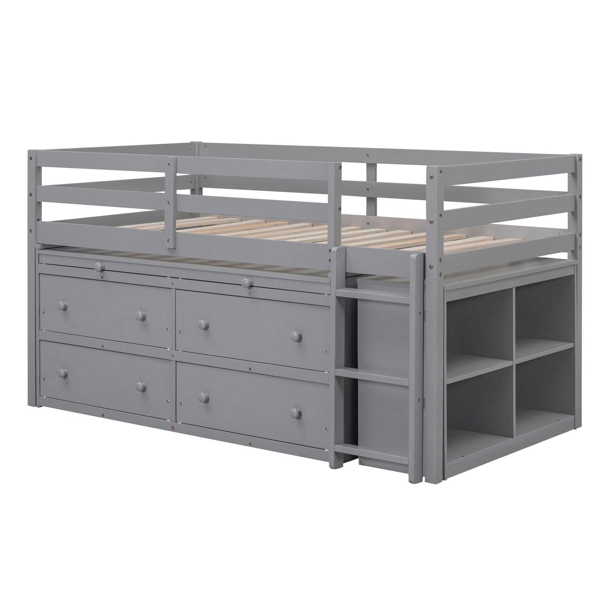 Twin Size Loft Bed With Retractable Writing Desk And 4 Drawers, Wooden Loft Bed With Lateral Portable Desk And Shelves, Gray Gray Solid Wood Mdf