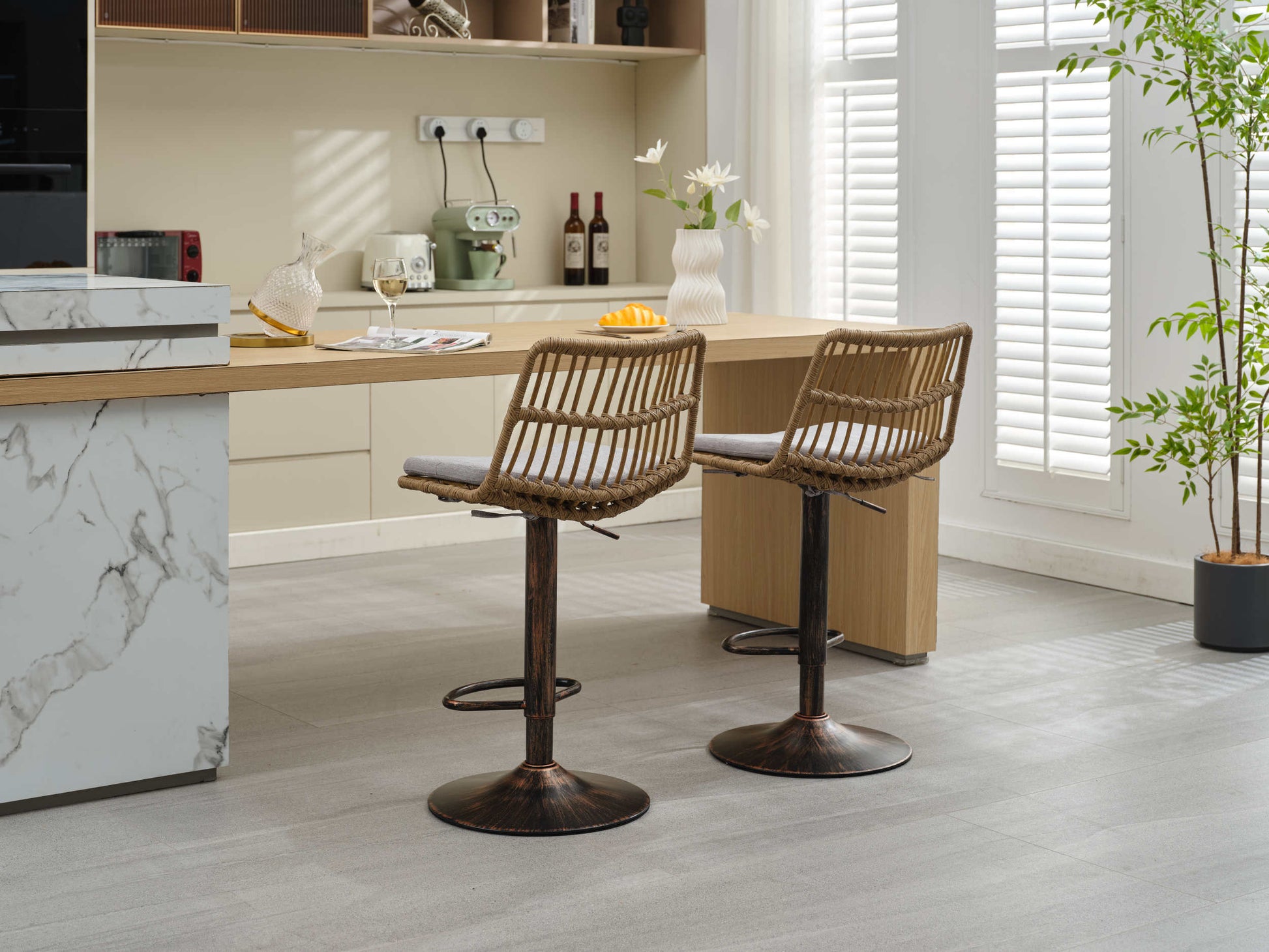 Set Of 2 Rattan Bar Stool, 360 Swivel Bar Chair, Counter Height Chair With Footrest For Kitchen, Dining Room Grey Wicker