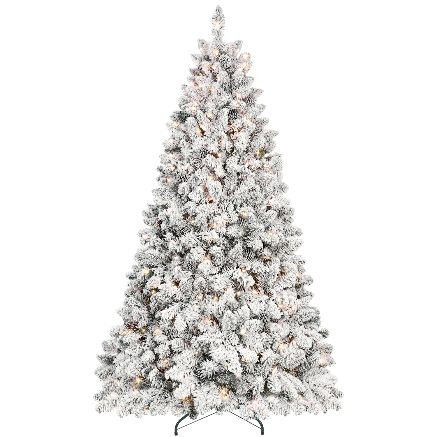 7Ft Snow Flocked Artificial Christmas Tree With Pine Cones, Prelit Xmas Trees, Hinged Easy Assembly & Reinforced Metal Base Ideal For Indoor & Outdoor Festive Decorations White Polyvinyl Chloride