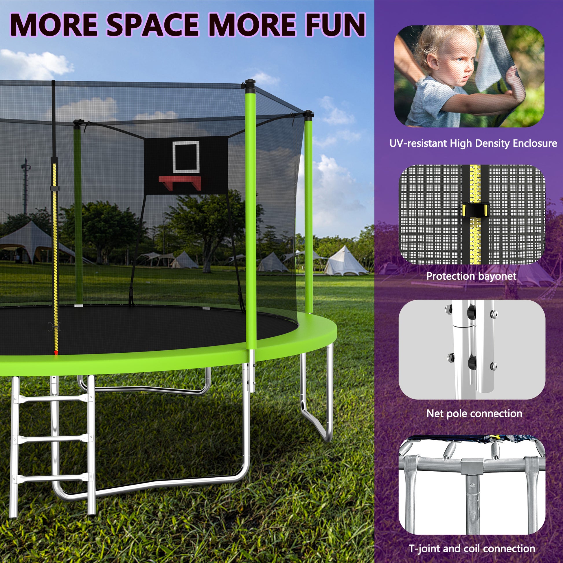 14Ft Trampoline For Kids And Adults With Net, Outdoor Recreational Trampolines For Family Green Metal