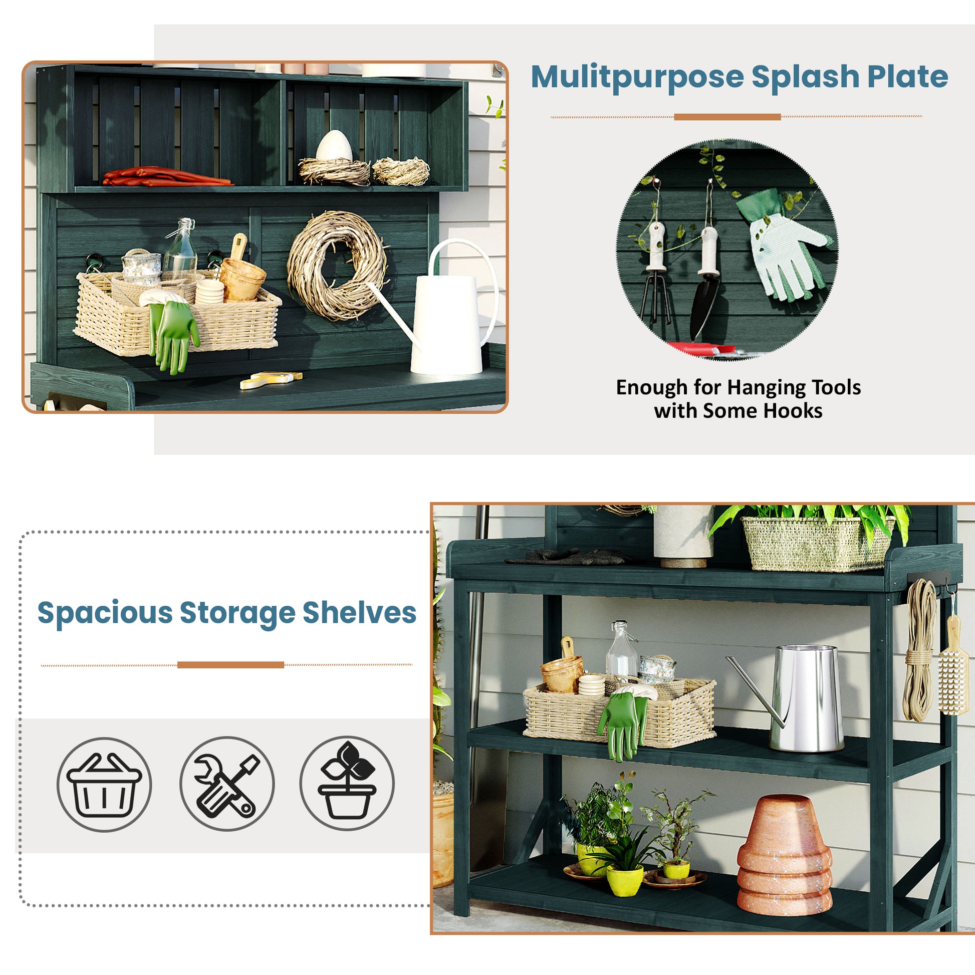 65" Large Wooden Farmhouse Rustic Outdoor Potting Bench Table, Patio Workstation, Garden Potting Bench With 4 Storage Shelves And Side Hook, Forest Green Green Garden & Outdoor Casual Wood Solid