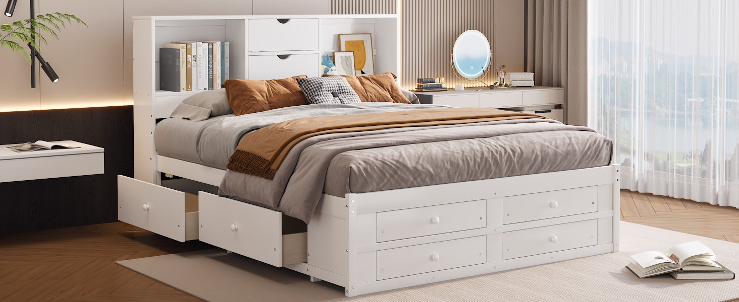 King Size Platform Bed With Storage Headboard And 8 Drawers, White Box Spring Not Required King White Wood Bedroom Bed Frame Solid Wood Mdf