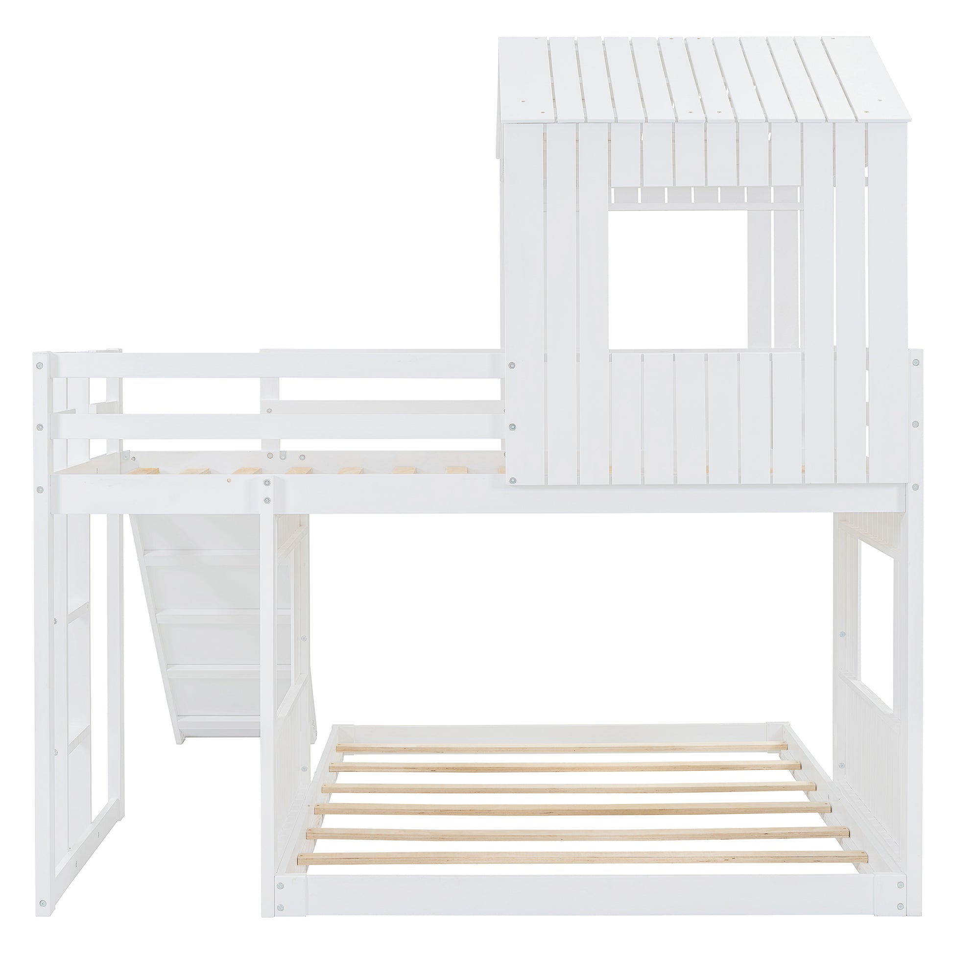 Wooden Twin Over Full Bunk Bed, Loft Bed With Playhouse, Farmhouse, Ladder, Slide And Guardrails, White Old Sku :Lt000028Aak Twin White Solid Wood