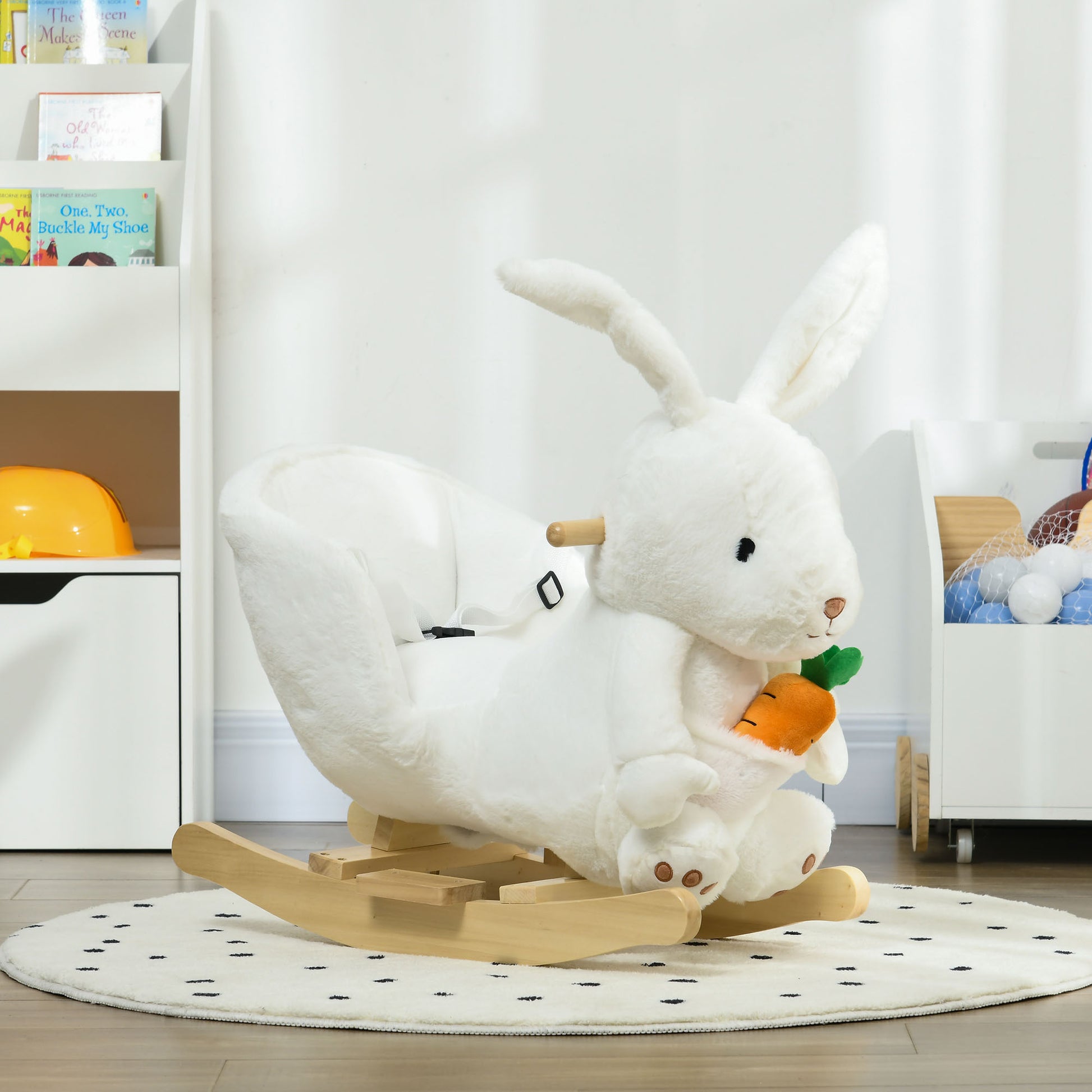 Qaba Baby Rocking Horse, Riding Horse, Bunny Rabbit Themed Rocker With Carrot Toy, Realistic Sound, & Pedals For Boy Girl Aged 18 36 Months, White White Plastic